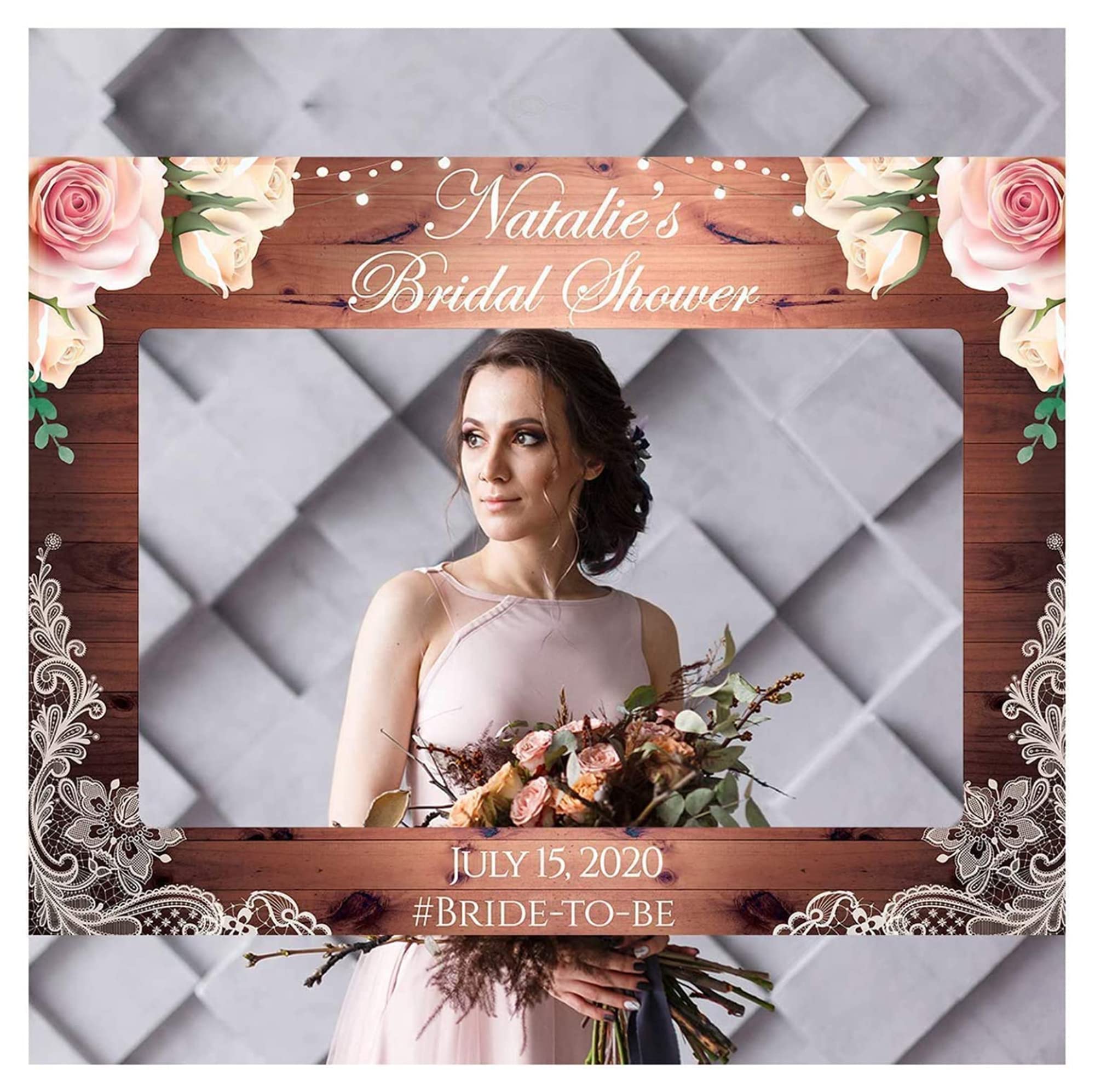 Custom Rustic Lace Bridal Shower Photo Booth Frame - Personalized Wooden Wedding Photo Prop - Elegant Bridal Shower Decor for Wedding, Baby Shower & Anniversary Parties (PVC Board)