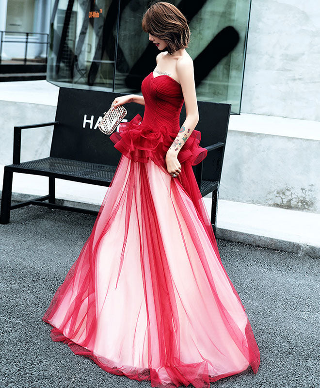 Elegant Burgundy Tulle Long Prom Dress for Women - Formal Evening Gown for Homecoming, Wedding, and Special Occasions