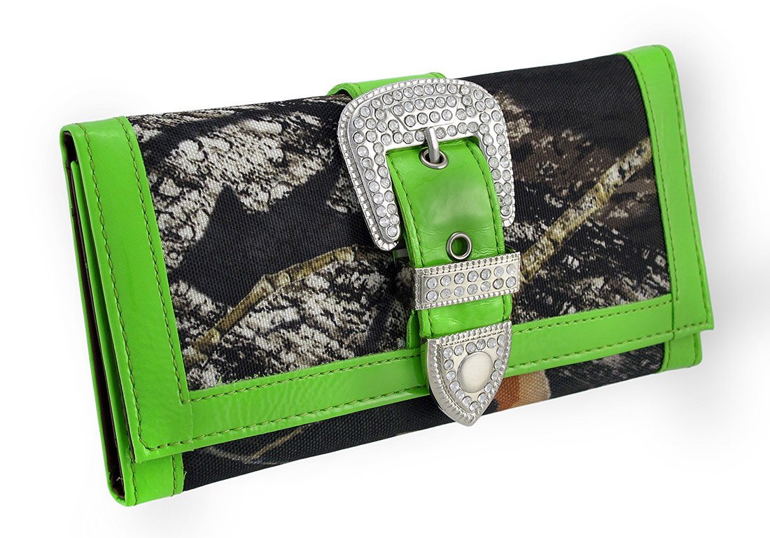 Camouflage Rhinestone Western Buckle Purse and Wallet Set for Women - Stylish Green Cowgirl Accessories for Parties, Rodeo Events and Western Fashion Outfits