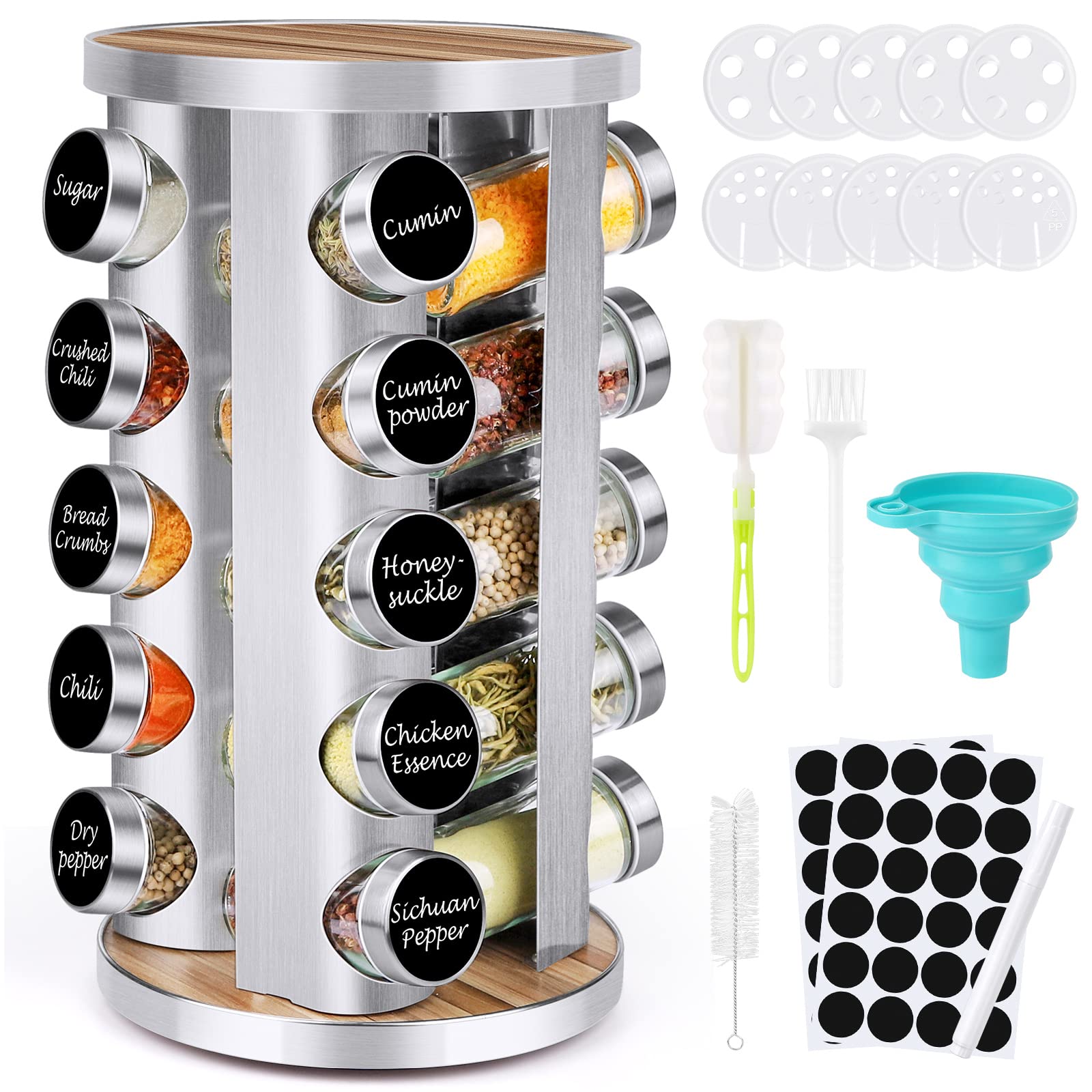 20-Piece Rotating Spice Rack Organizer with Jars - Stainless Steel & Wooden Countertop Spice Tower for Kitchen Cabinet - Includes Reusable Labels, Funnel & Brushes - Perfect for Organizing Spices, Herbs & Seasonings in Pantry or Cooking Area