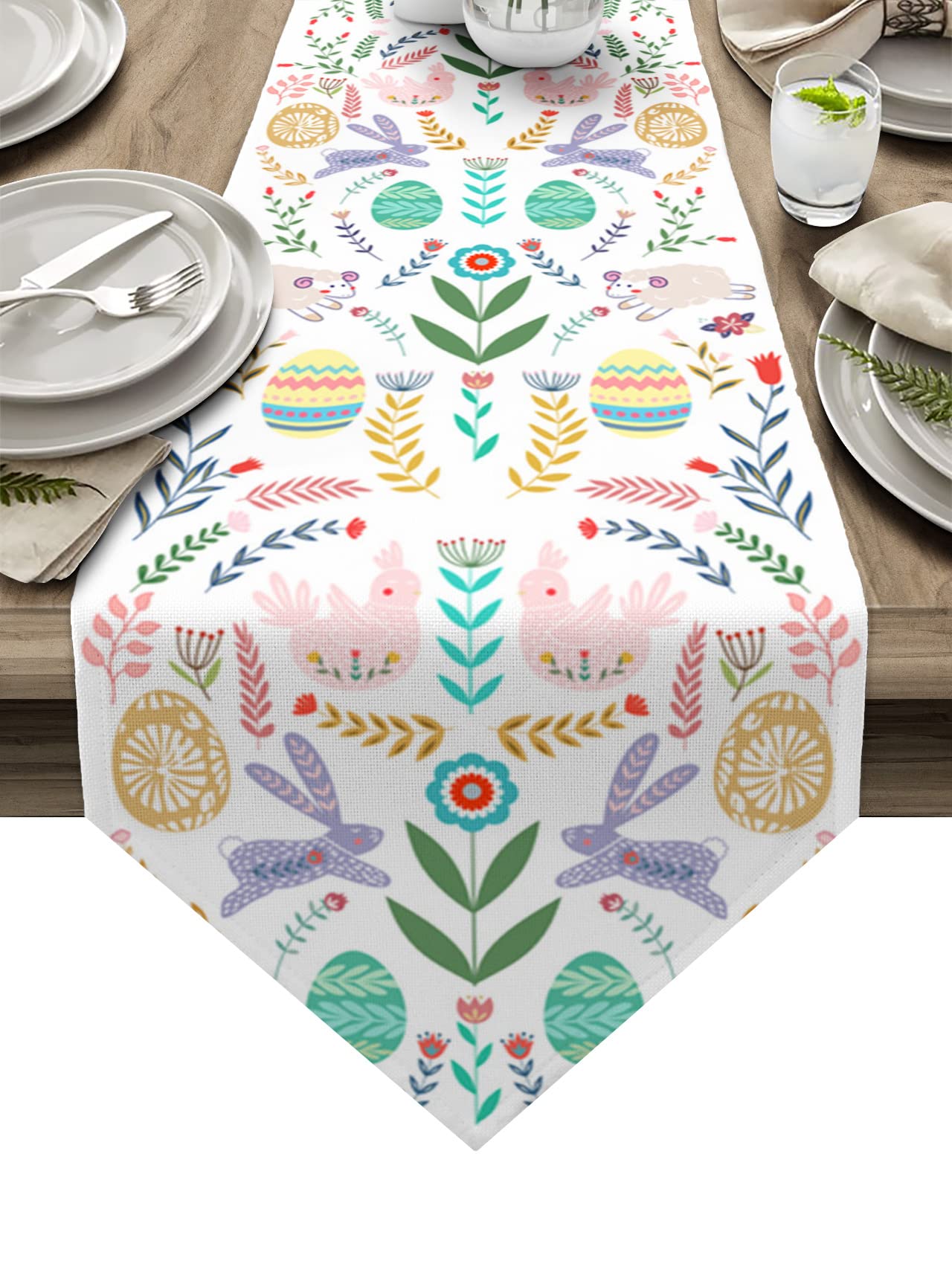 Easter Table Runner - 13x108 Inch Bunny & Eggs Design Spring Floral Decorative Table Scarf for Easter Dinner, Kitchen Decor, Home Party & Seasonal Celebration - Perfect for Holiday Dining Room Decorations