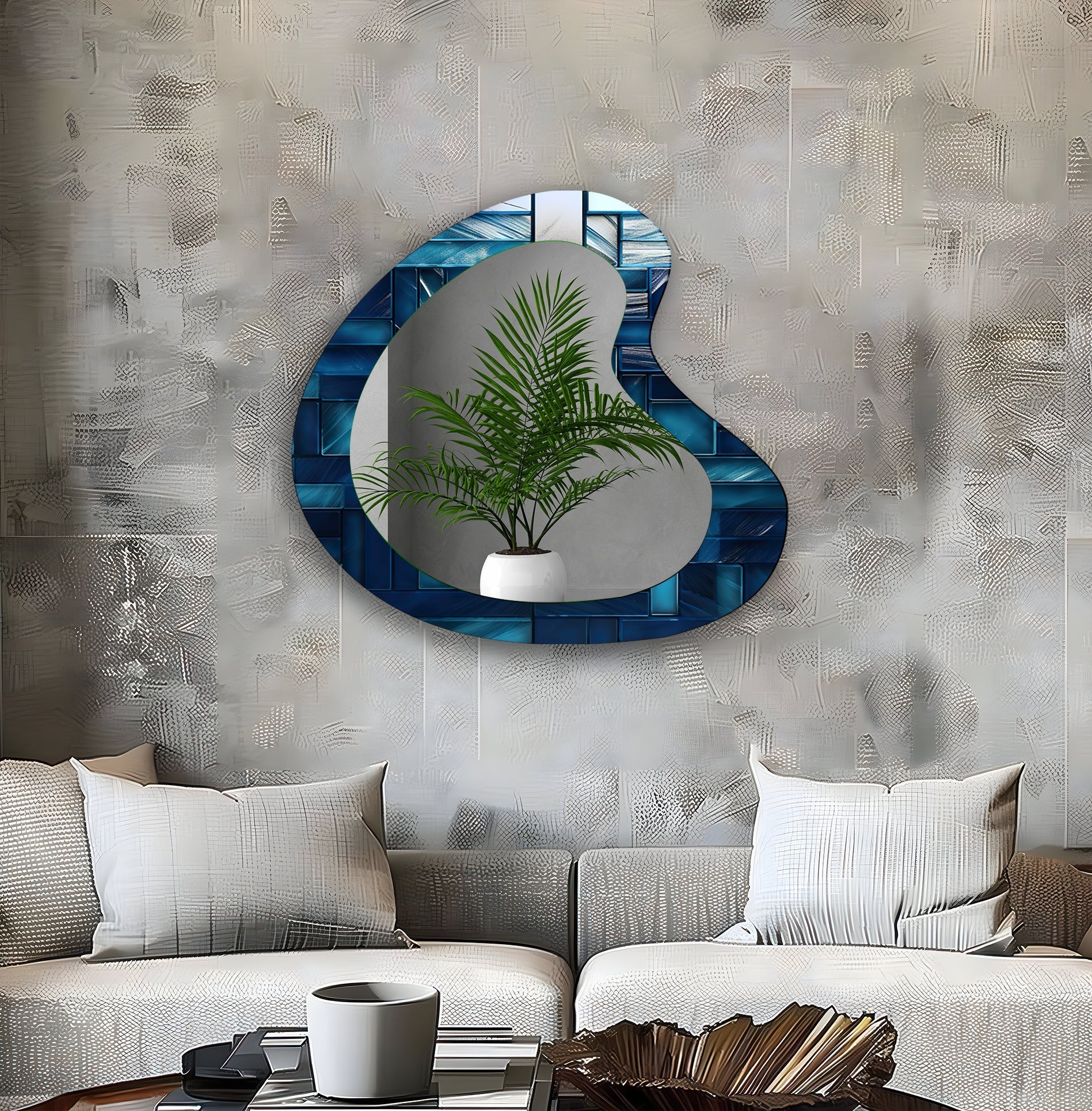 Blue Mosaic Tiles Modern Wall Mirror - Handcrafted Bathroom Vanity Mirror with Stainless Steel Frame - Perfect for Bathroom, Bedroom, and Living Room Décor