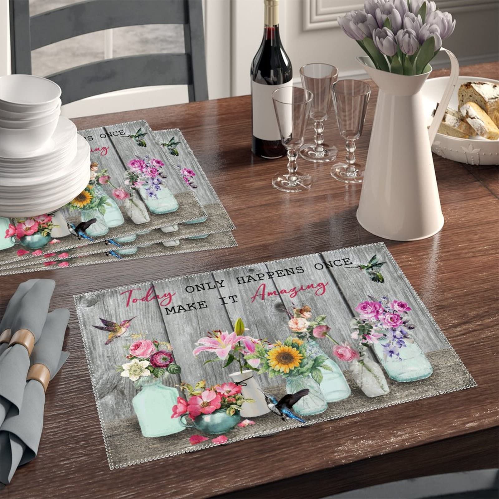 4-Pack Heat Resistant Hummingbird Floral Placemats - Waterproof Outdoor Dining Mats for Kitchen, Banquet & Picnic Use - Elegant Table Decor Set for Everyday Meals and Special Occasions