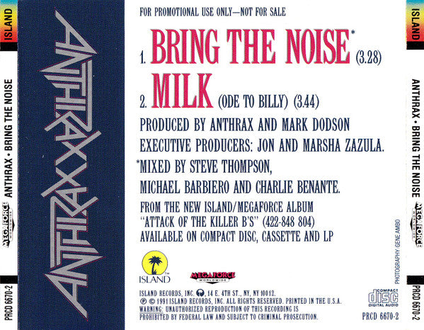 Anthrax - Bring The Noise CD Single Promo (NM or M) | Limited Edition Collectible for Music Fans & Hardcore Anthrax Enthusiasts