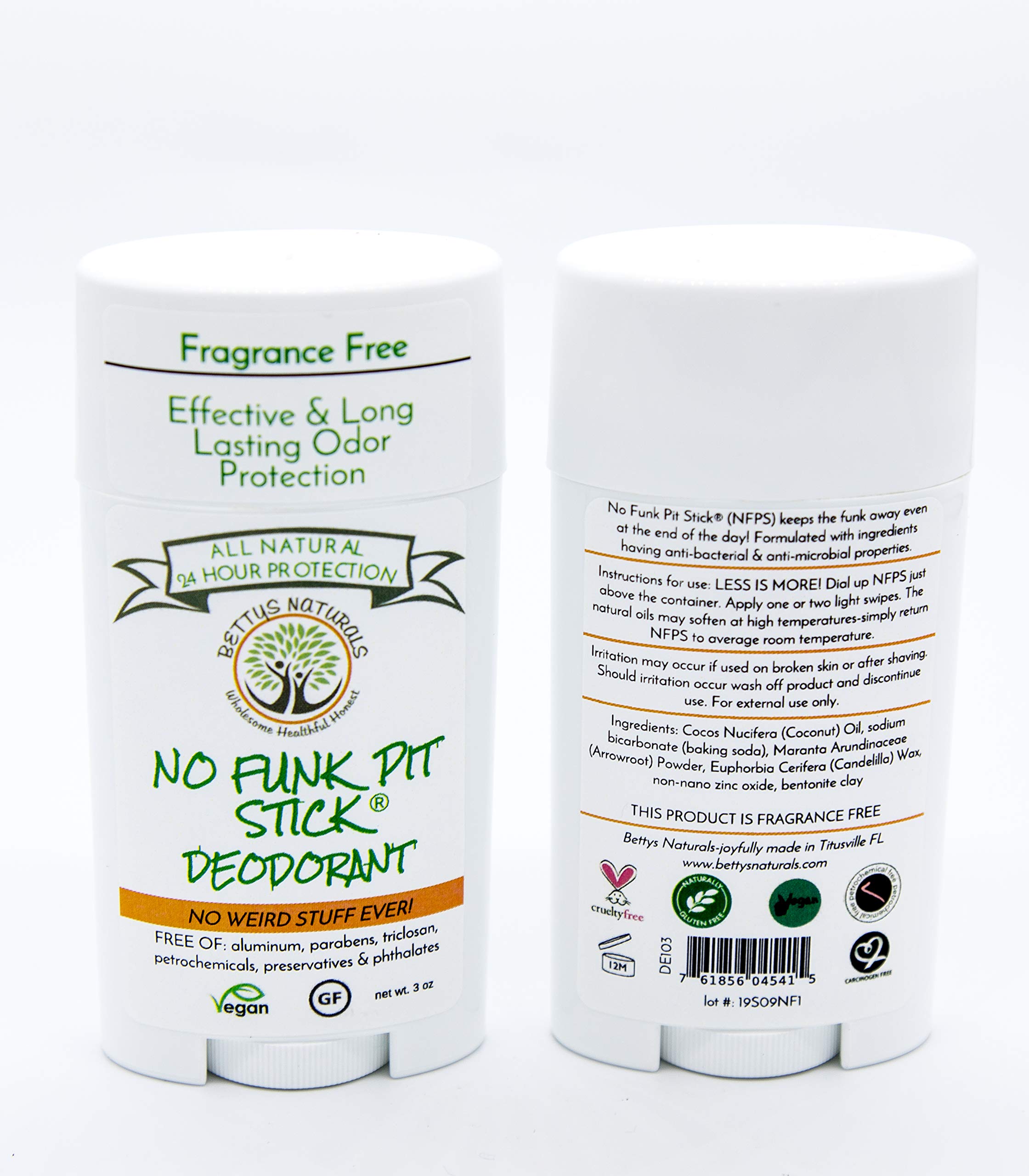 No Funk Pit Stick All Natural Deodorant - Fragrance Free, Aluminum Free, Gluten Free, Vegan Formula with Zinc Oxide & Bentonite Clay | 24-Hour Odor Protection for Sensitive Skin | Perfect for Gym, Work & Daily Use