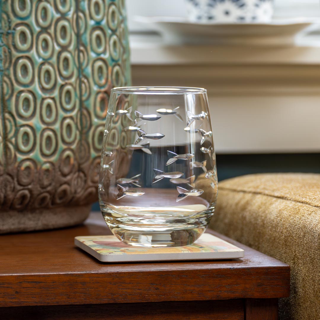 Set of 4 Clear Stemless Wine Tumbler Glasses - 15oz Fish Design for School of Fish Lovers | Perfect for Parties, Gifts & Home Bar Decor