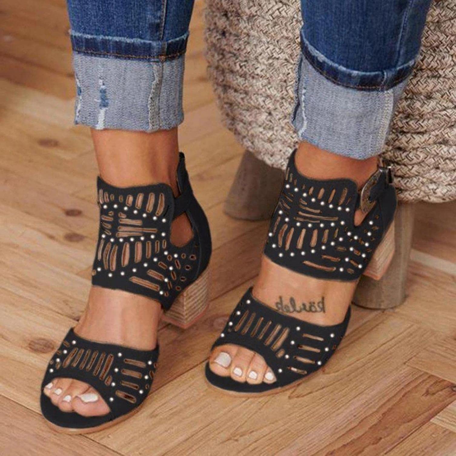 Women's Flat Sandals with Ankle Strap - Chunky Low Block Heel Open Toe Dress Sandals for Party & Casual Wear - Black (04) | Comfortable Summer Wedding & Beach Shoes