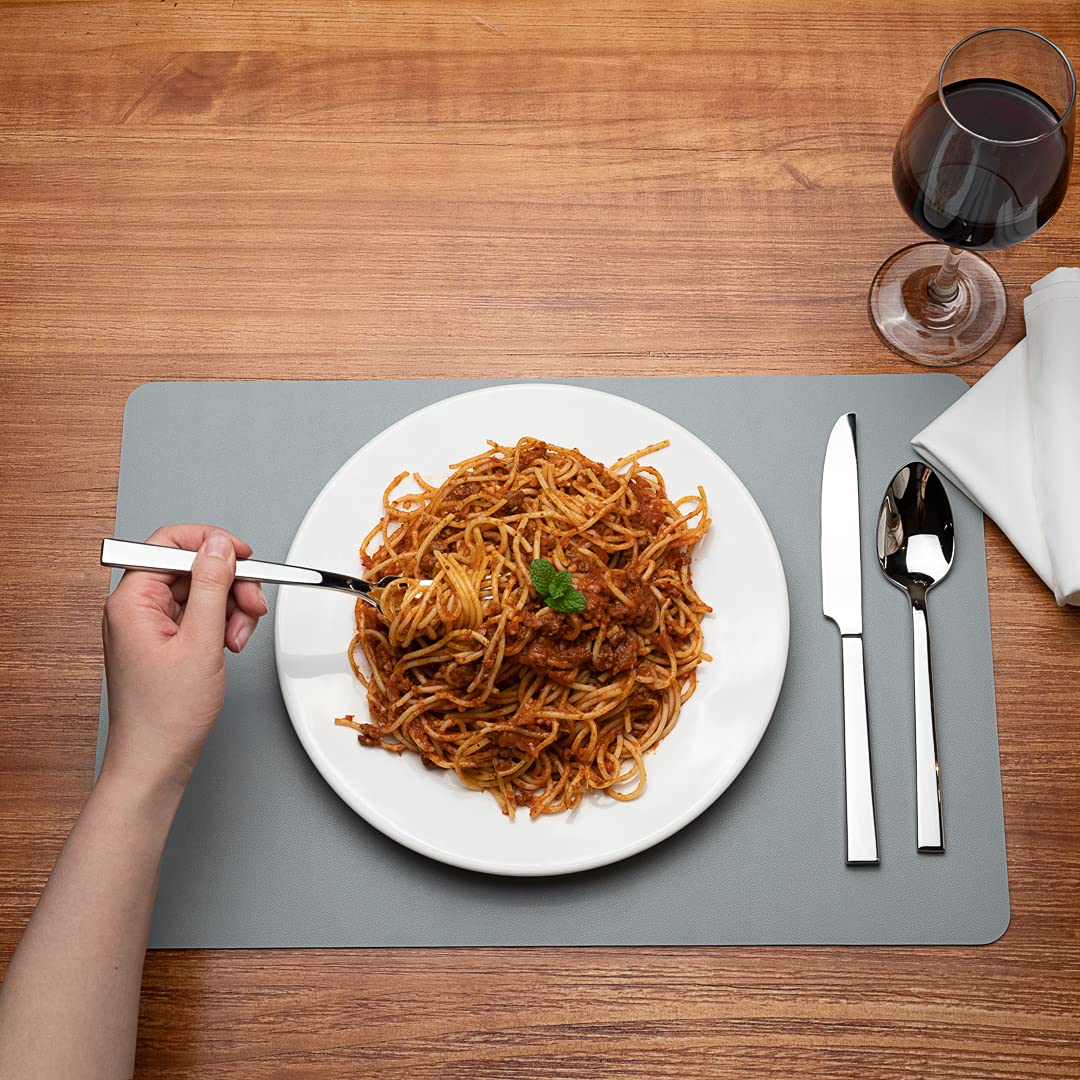 16 Inch Table Placemats Set of 6 - Stain-Resistant Embossed Vinyl Placemats with Leather-Like Feel for Dining Tables, Kitchen, Restaurant & Home Use - Gray Rectangular Surface Protectors