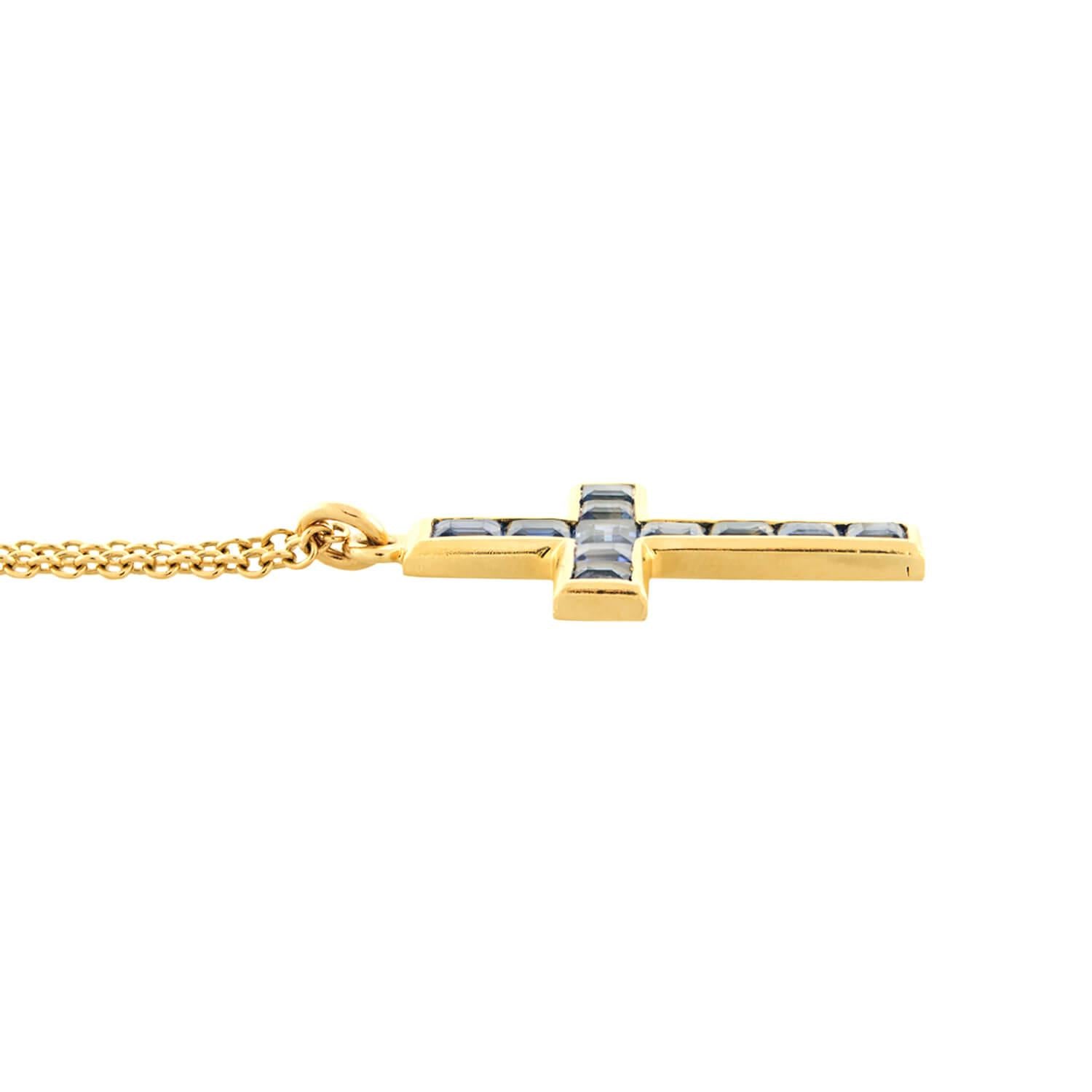 Antique Late Victorian 18K Gold Sapphire Cross Pendant Necklace - Elegant Religious Jewelry for Women, Perfect for Weddings, Church & Special Occasions