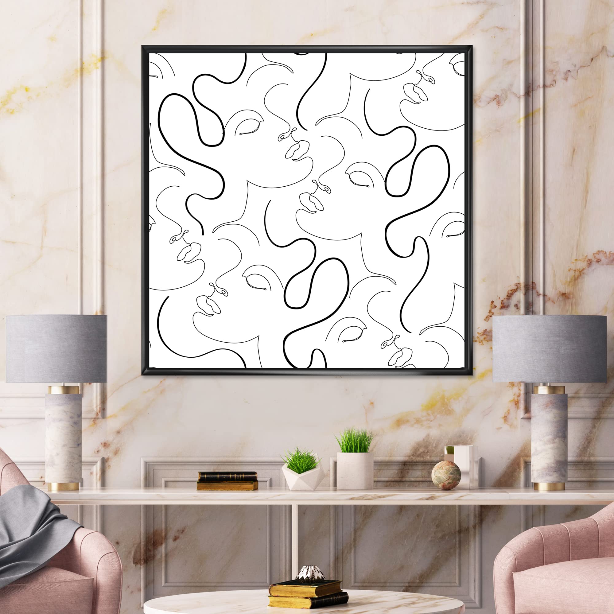 DesignQ Minimalist One Line Drawing Portraits - Modern Framed Canvas Wall Art Print for Living Room, Bedroom & Office Decor | Unique Handmade Home Decor Gift Idea