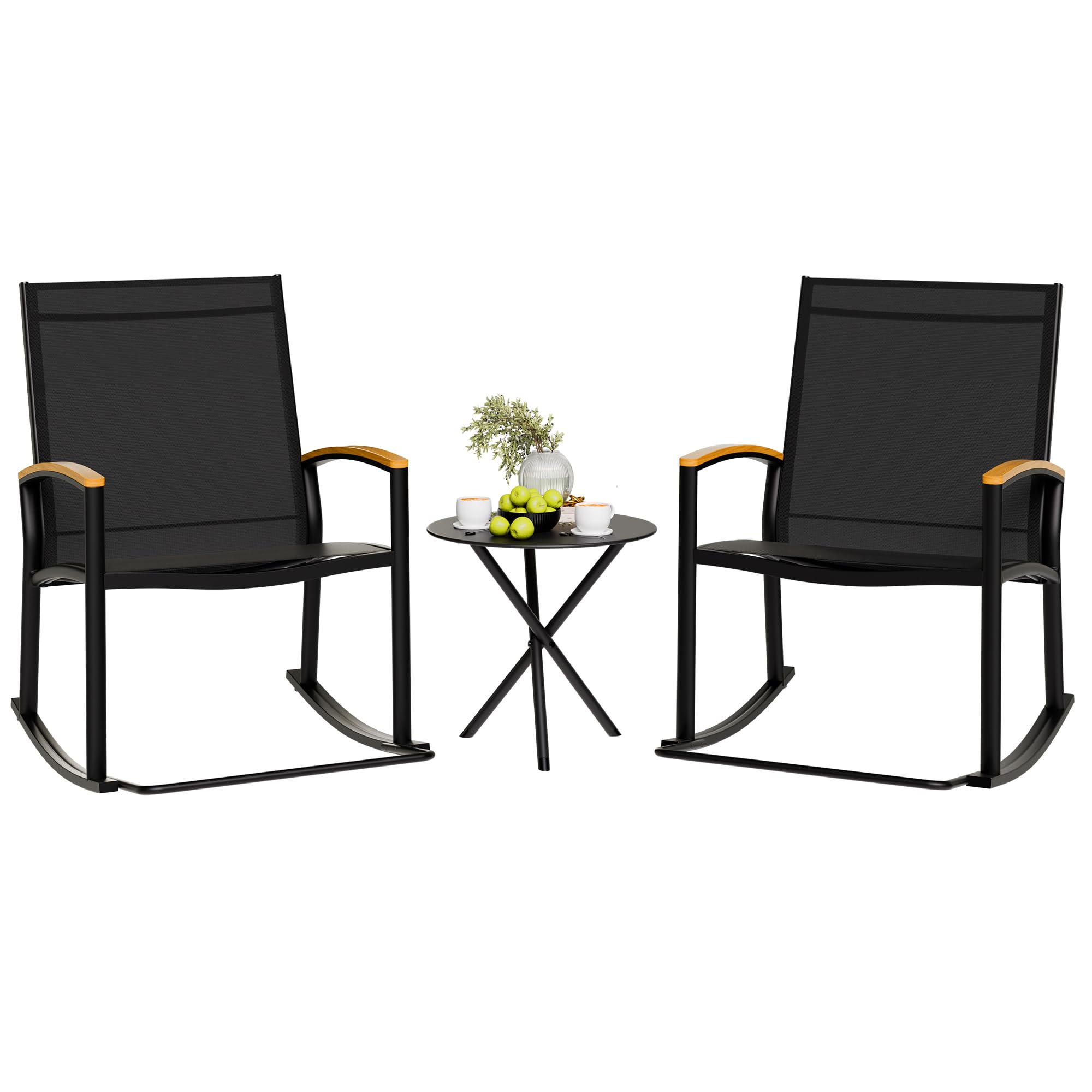 Shintenchi 3-Piece Outdoor Rocking Bistro Set - Textilene Fabric Patio Furniture with Table, 2 Rocking Chairs for Garden, Porch, Balcony, Poolside (Black) | Perfect for Relaxing, Entertaining & Outdoor Dining
