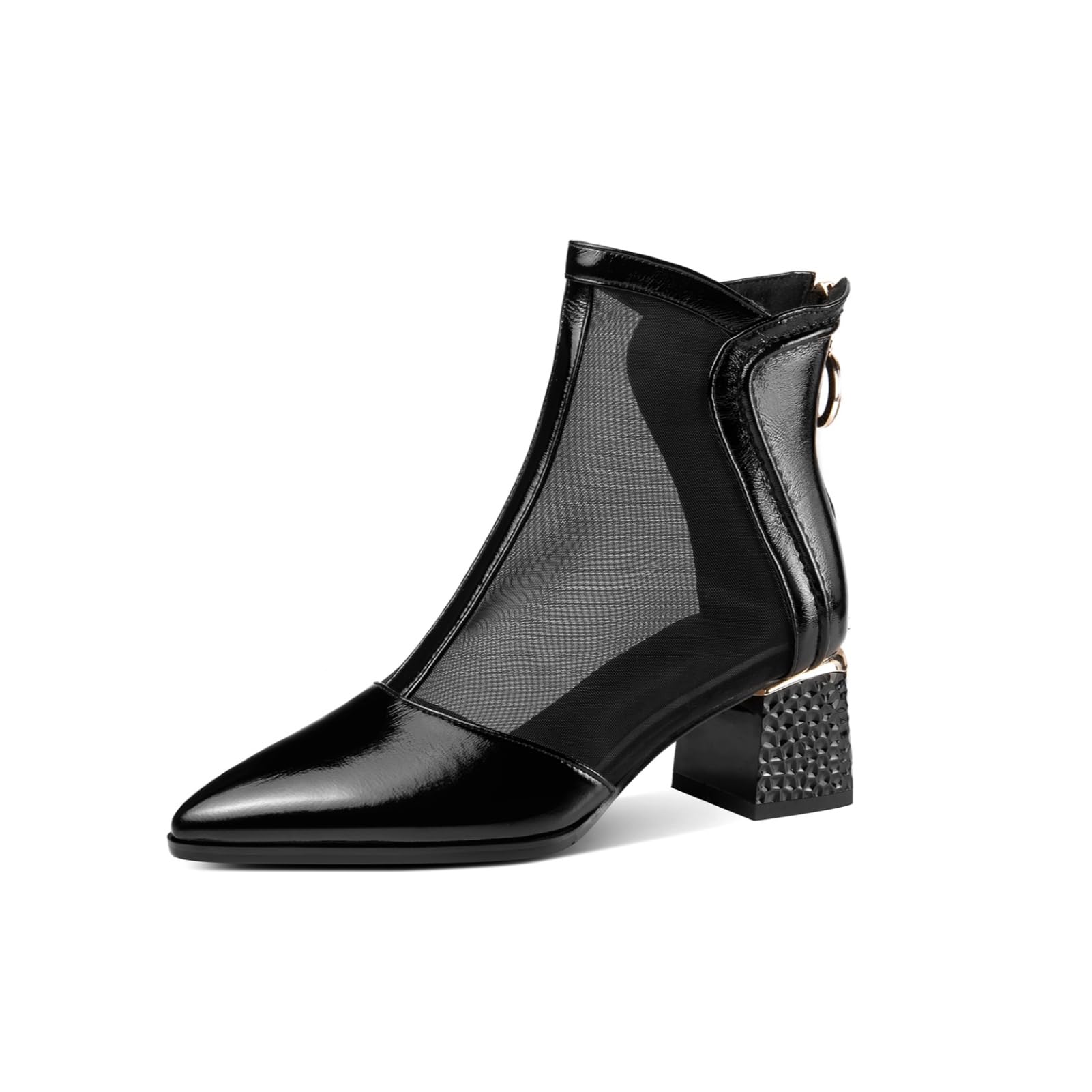 TinaCus Women's Pointed Toe Patent Leather & Mesh Ankle Boots - Chunky Heel, Back Zipper, Handmade Design for Summer Fashion | Perfect for Office, Party & Night Out