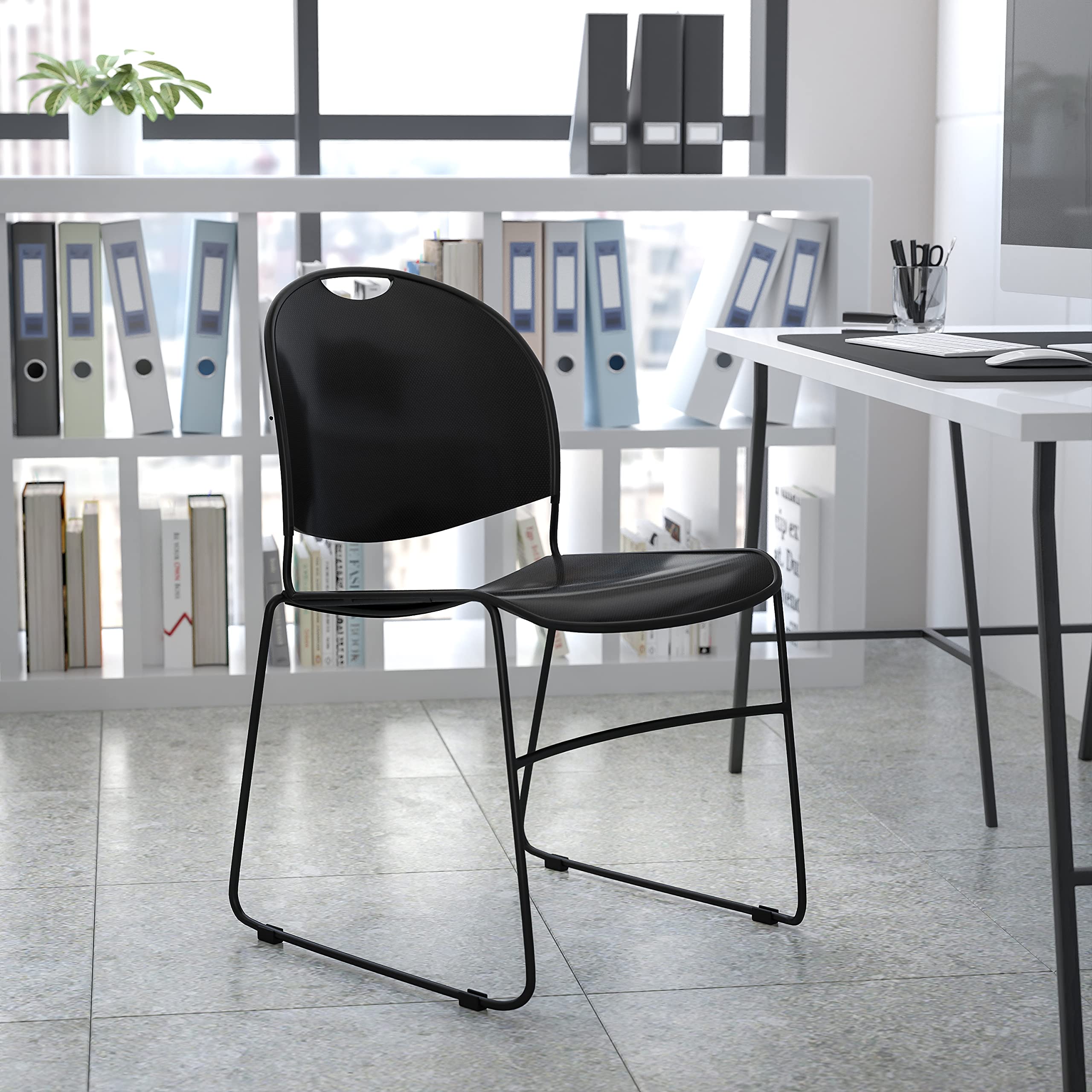 EMMA + OLIVER Black Ultra-Compact Stackable School Chair - Space-Saving Office Guest Chair & Student Chair for Classrooms, Dorm Rooms, and Small Spaces