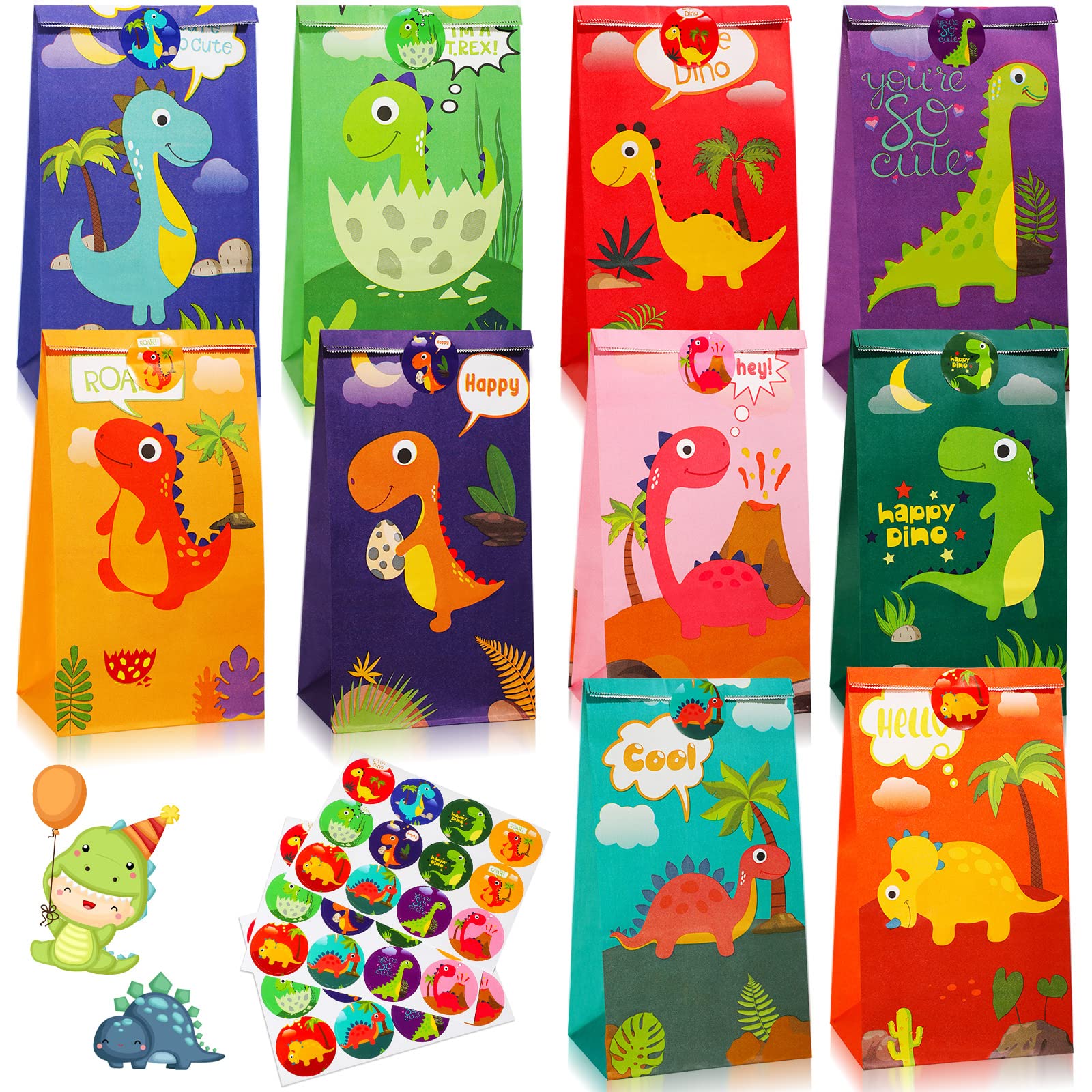 30 Pack Dinosaur Party Favor Bags with Matching Stickers - Dino Themed Treat Bags for Kids Birthday, Baby Shower & Graduation Parties - Perfect for Candy, Goodies & Small Gifts (Classic Design)