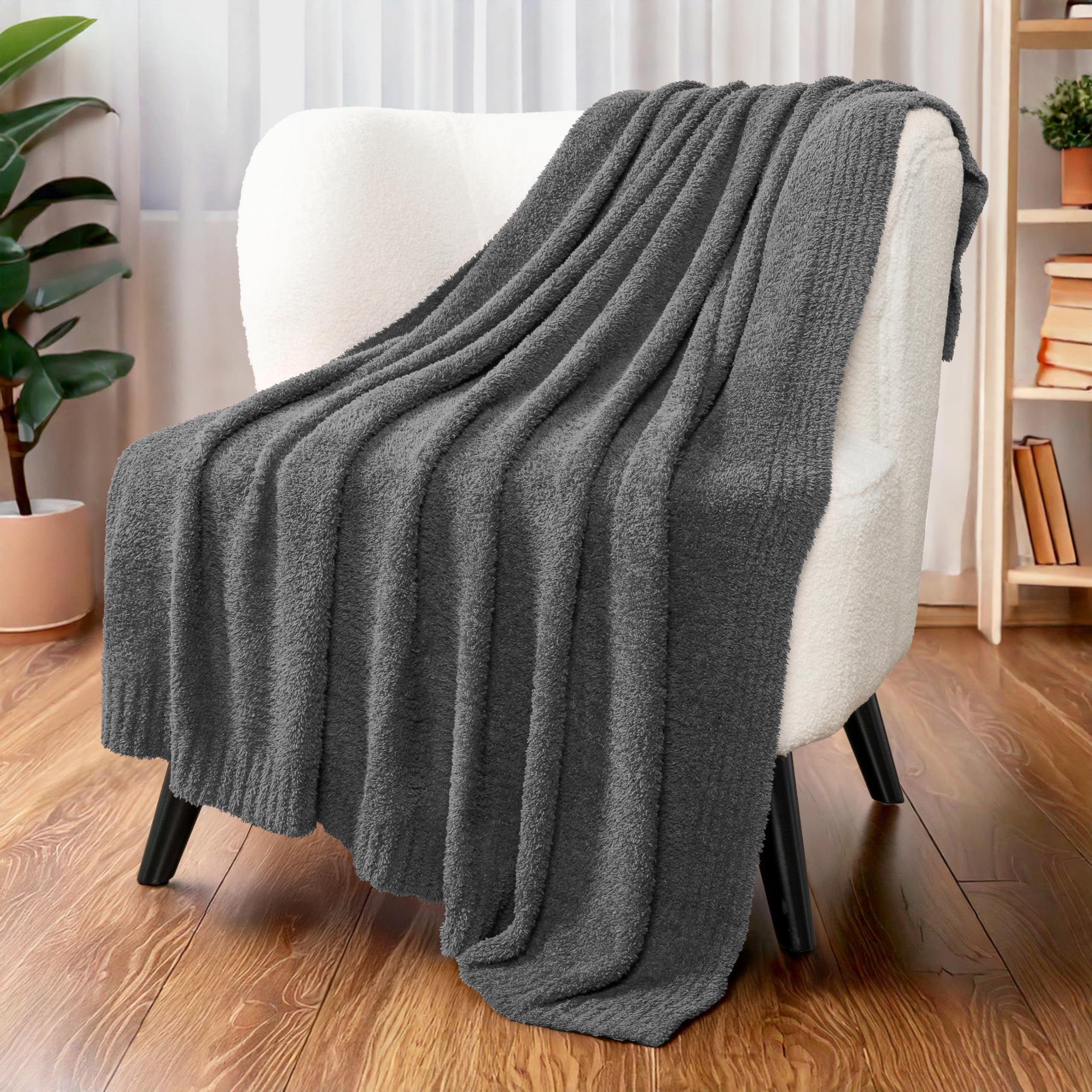 PAVILIA Super Soft Fluffy Knit Throw Blanket - Lightweight Cozy Blanket for Couch & Bed - Warm Fuzzy Blanket in Dark Gray (50x60 inches) - Perfect for Living Room, Bedroom, Office & Travel