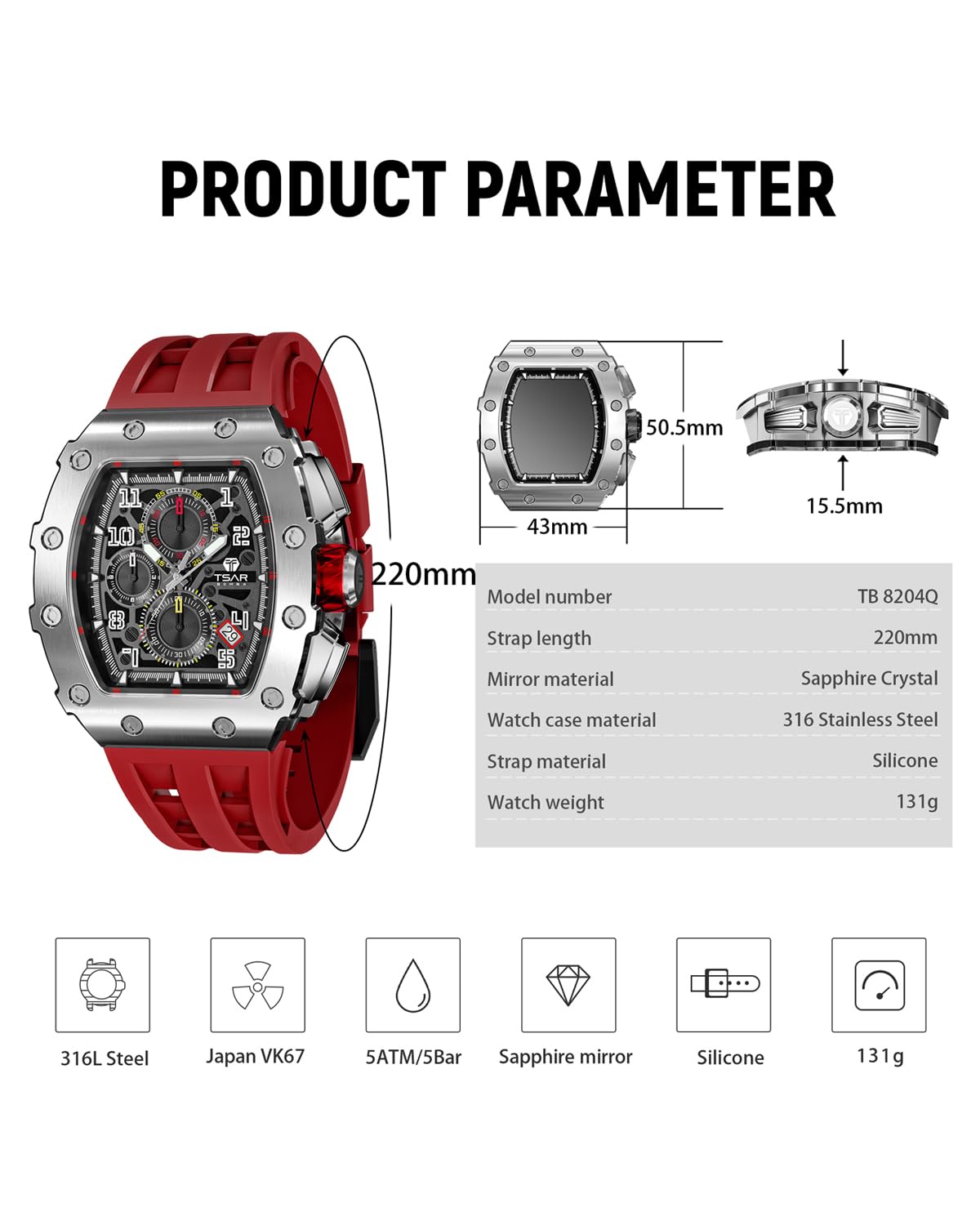 TSAR BOMBA Luxury Men's Watch - Tonneau Sapphire Crystal Japanese Quartz Chronograph - 50M Water Resistant Rubber Strap Luminous Diver Watch - Perfect Gift for Him - Ideal for Business, Diving & Formal Occasions