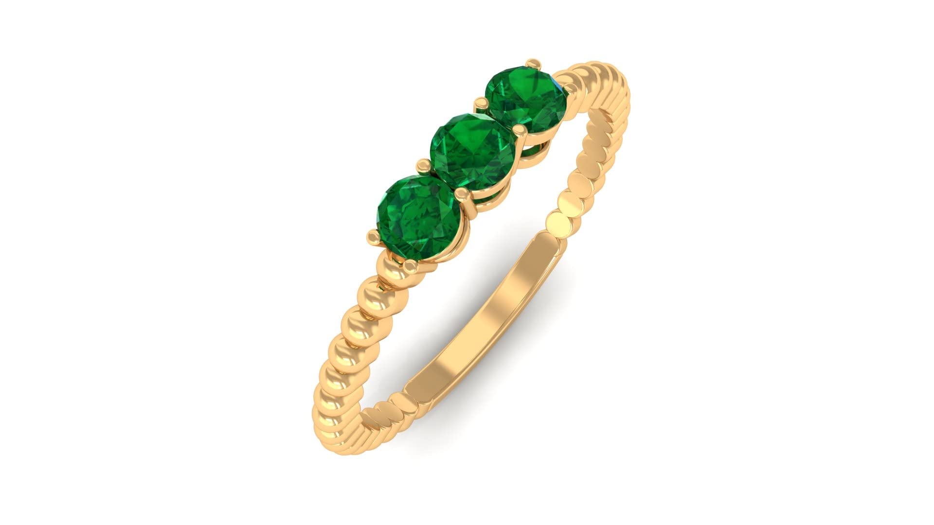 1/4 CT Emerald Three Stone Ring for Women - 14K Solid Gold Beaded May Birthstone Ring | Elegant Jewelry for Weddings, Anniversaries & Special Occasions