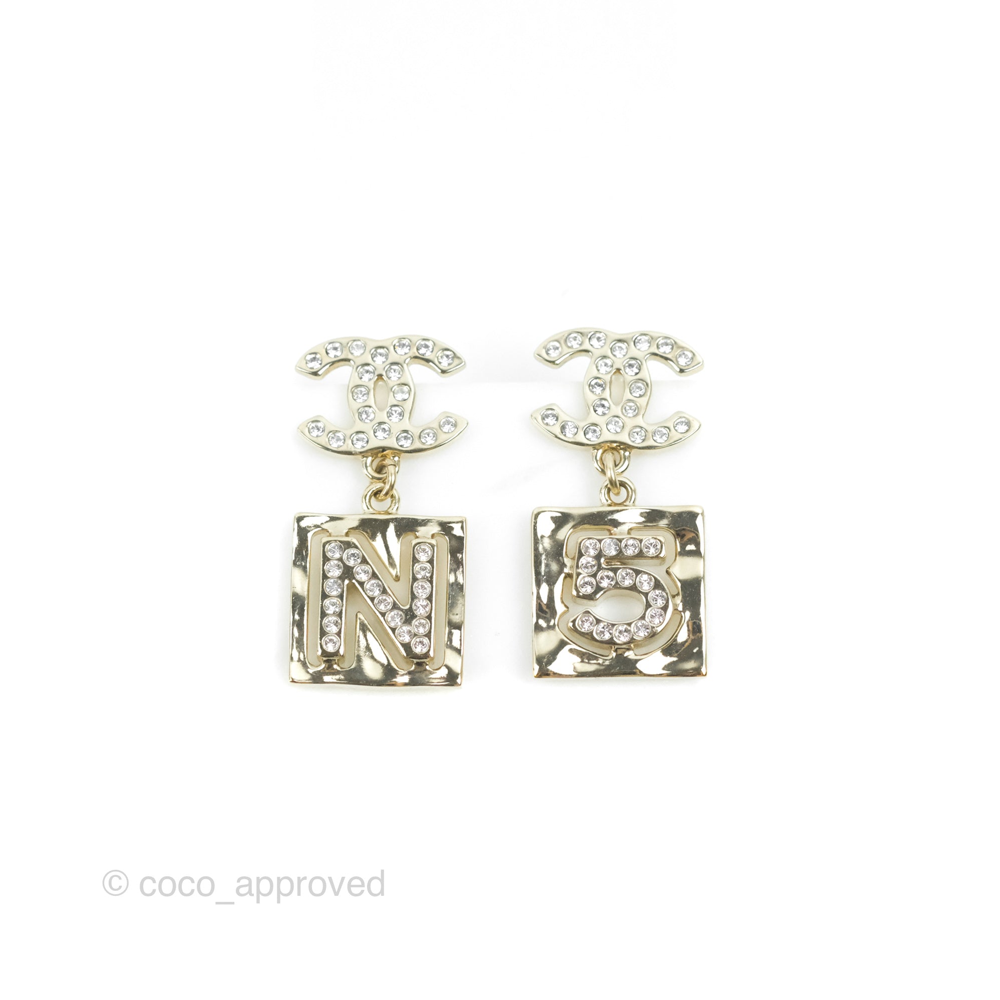 Chanel CC Crystal No.5 Drop Earrings in Gold Tone - 22S Collection | Luxury Fashion Jewelry for Women, Perfect for Parties, Weddings & Special Occasions