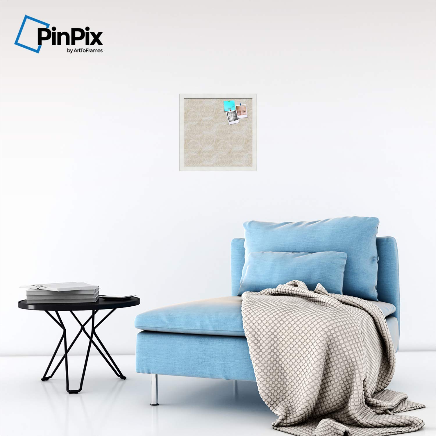 Custom 14x14 Cork Bulletin Board with Fabric Canvas Finish - Framed in Satin White for Home Office Decor | PinPix ArtToFrames Sketch Beige Poster Board (PinPix-1925) - Perfect for Memo Display, Photo Collage & Creative Workspace Organization