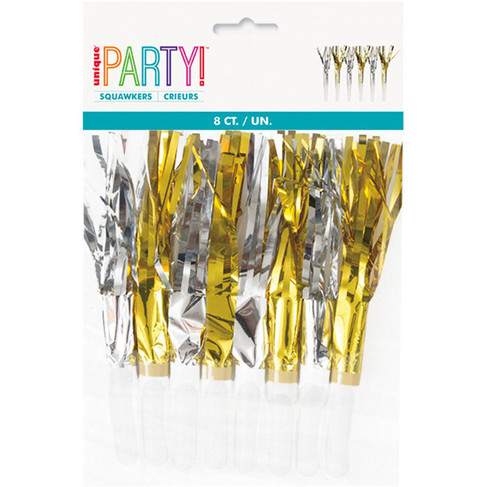 Silver & Gold Party Blowers - 8 Pack for Birthday Celebrations, New Year's Eve, and Festive Events