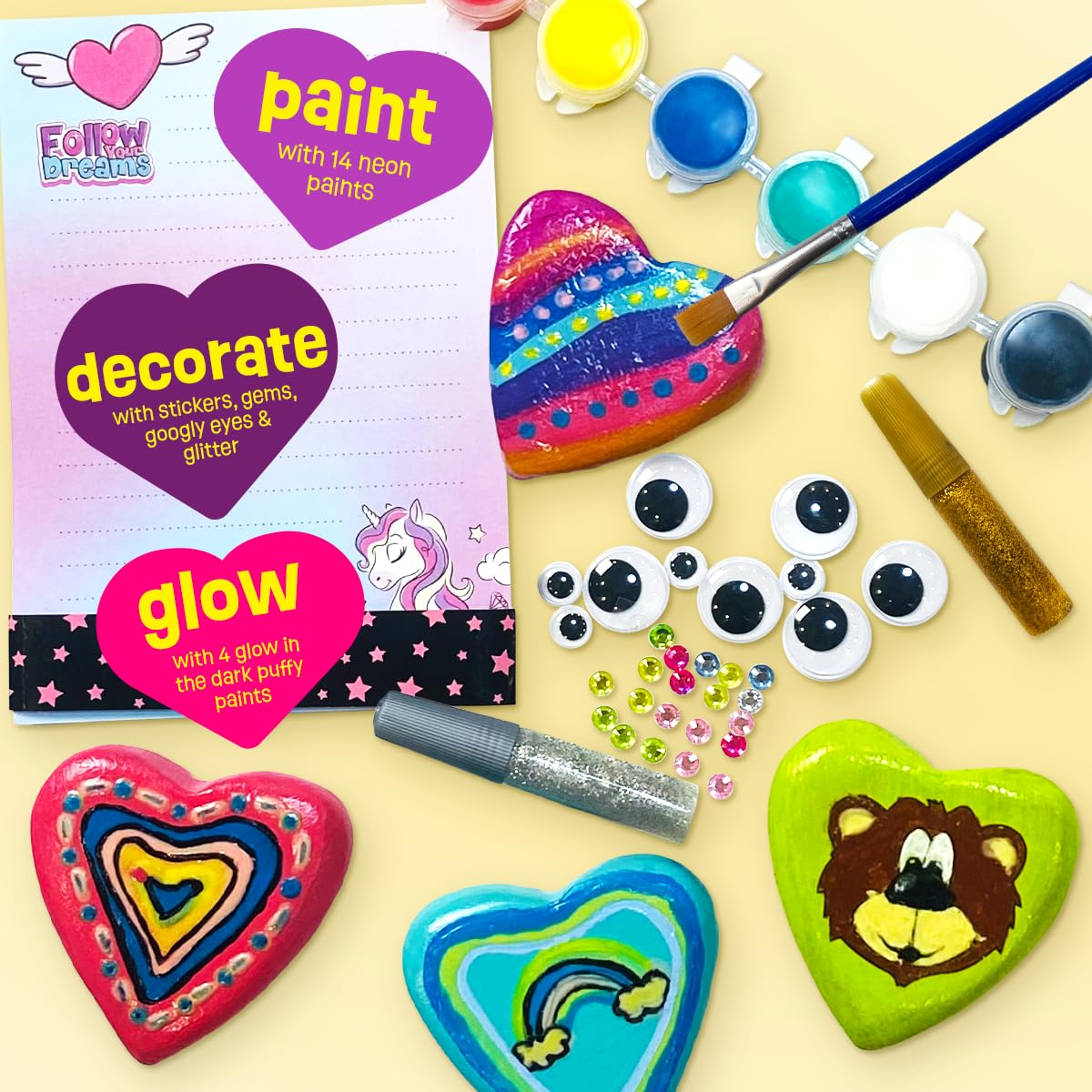Glow in The Dark Hearts Rock Painting Kit - Arts and Crafts for Kids Ages 4-12 - Creative DIY Art Toys for Girls & Boys - Perfect for Easter, Birthday Gifts & Indoor Activities - Fun Craft Kits for 5 6 7 8 9 10 11 12 Year Old Children - Great for Party Favors, Classroom Projects & Family Bonding Time