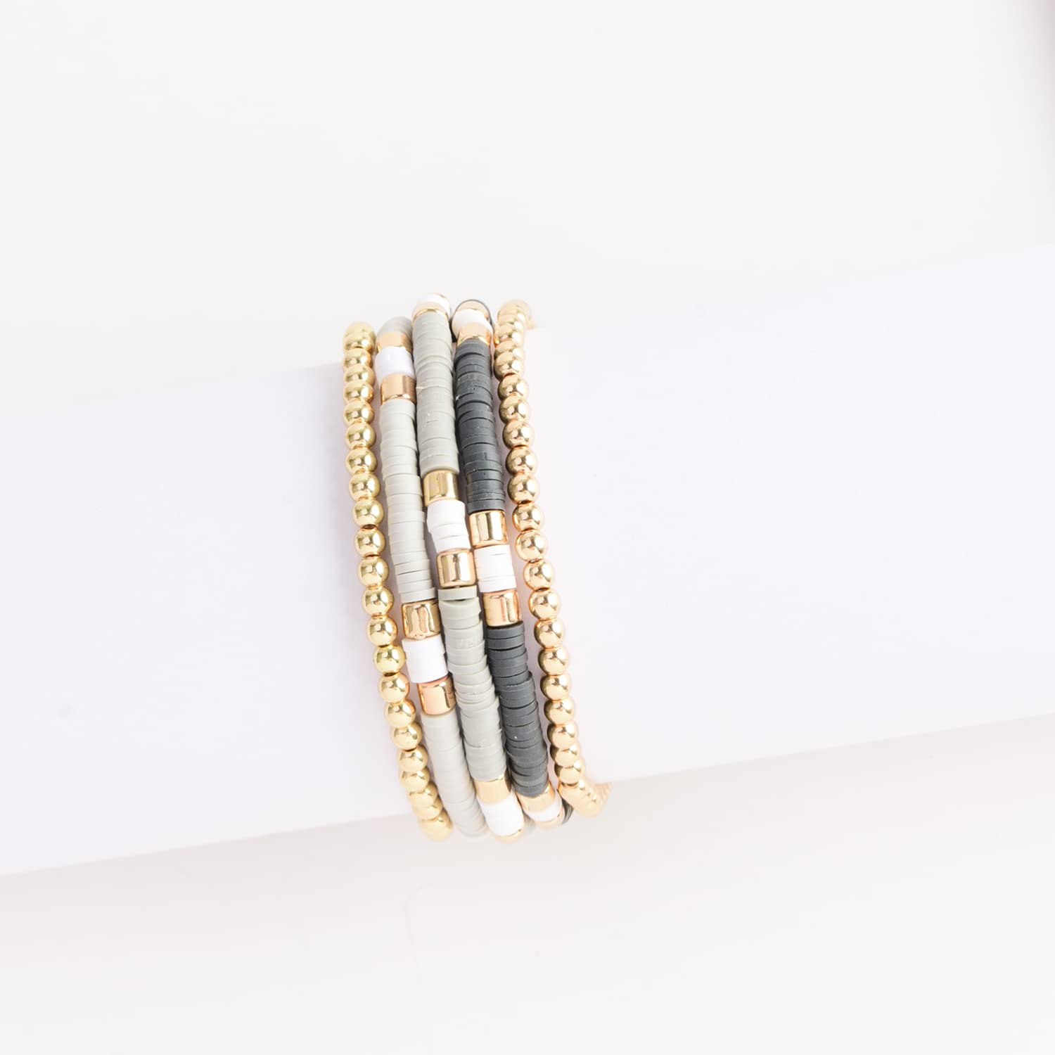 GOOJIDS Surfer Heishi Clay Bead Bracelets for Women - Bohemian Stackable Gold Beaded Stretch Bracelets - Elastic Layering Friendship Bracelets Set - Boho Jewelry for Beach, Festival & Everyday Wear