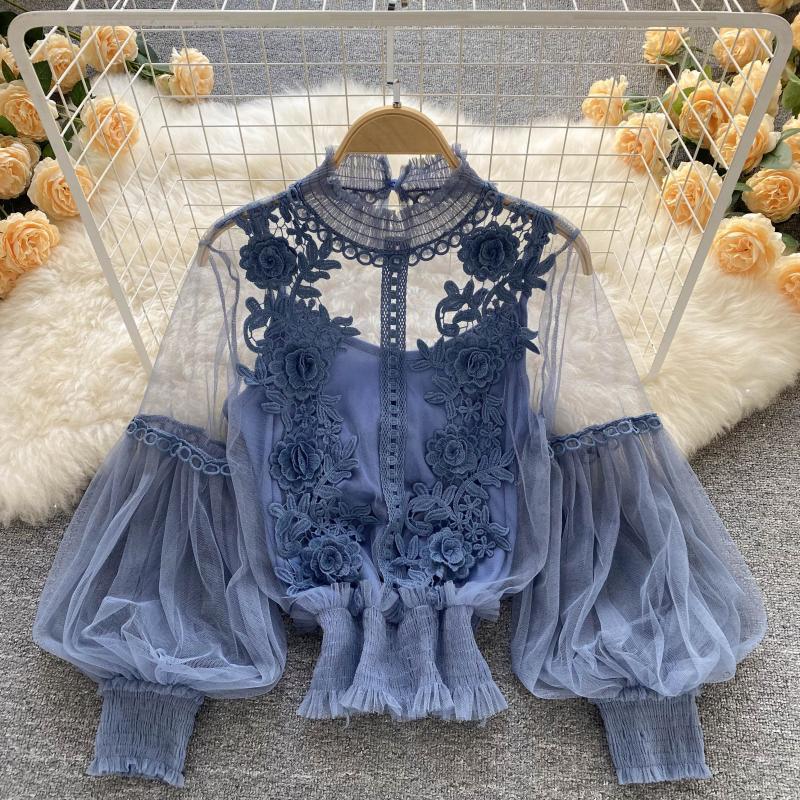 3D Floral Mesh Lantern Sleeve Blouse - Women's Short Lace Top 833 | Perfect for Summer Outfits, Date Nights & Boho Fashion