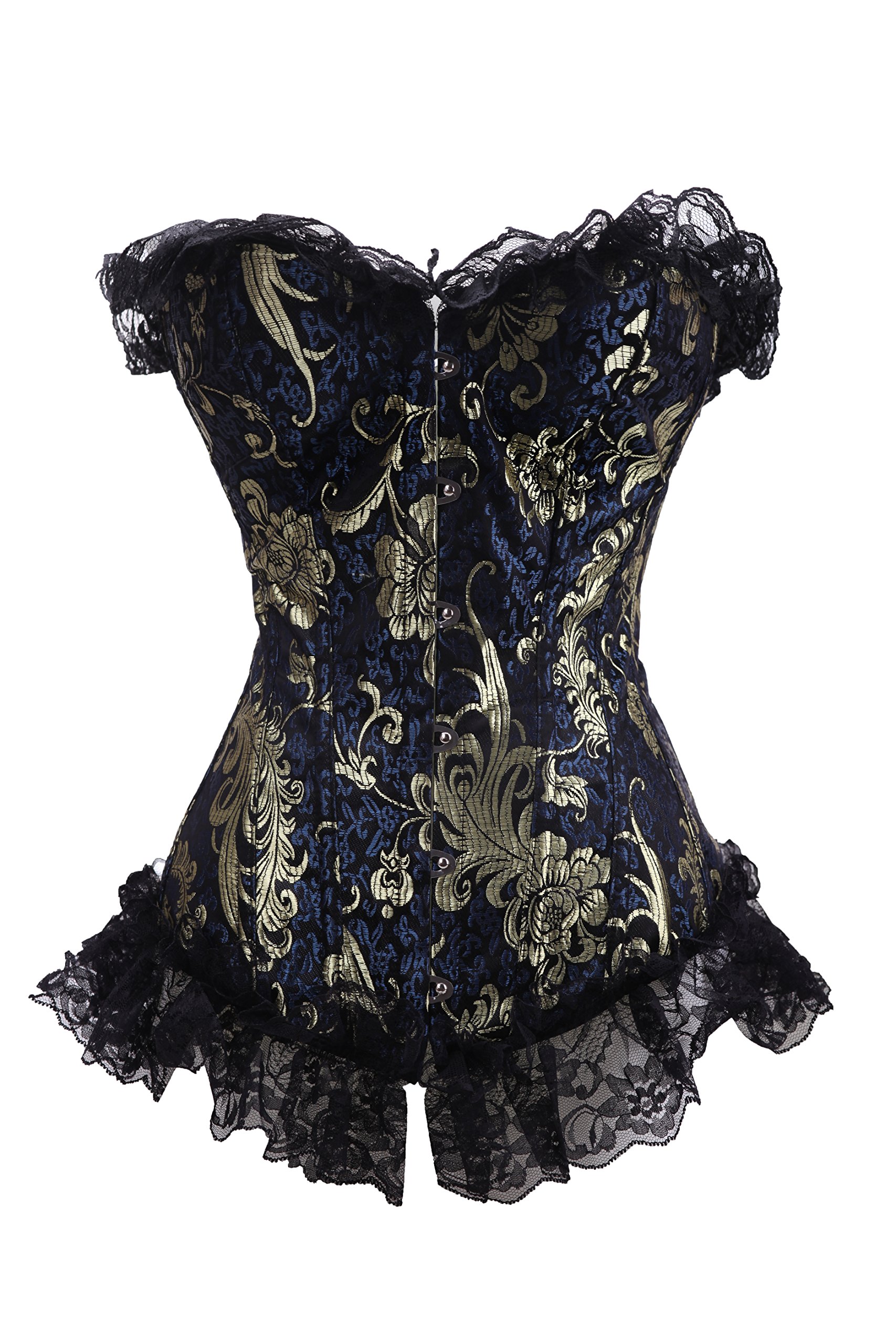 KIWI RATA Women's Plus Size Floral Trim Lace Up Boned Overbust Corset Waist Cincher Bustier - Perfect for Vintage Outfits, Burlesque Shows & Waist Training