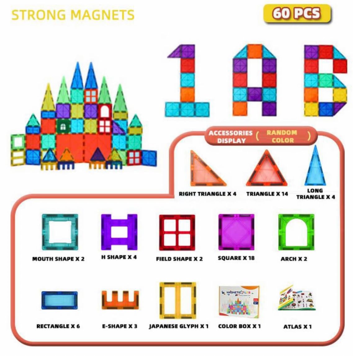 60 PCS 3D Magnetic Building Blocks - STEM Educational Toys for Kids with Strong Magnets & Car Accessory | Perfect for Classroom, Birthday, Christmas Gifts | Creative Construction Play for Boys & Girls