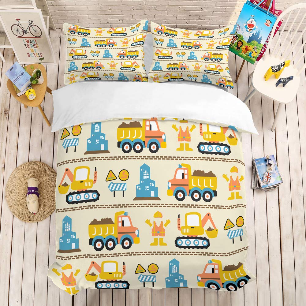 REALIN Construction Themed Excavator Tractor Crane Duvet Cover Set - 2/3/4PC Microfiber Bedding for Boys (Twin/Full/Queen/King) - Perfect for Kids' Room, Construction Party Decor & Themed Bedroom Makeover