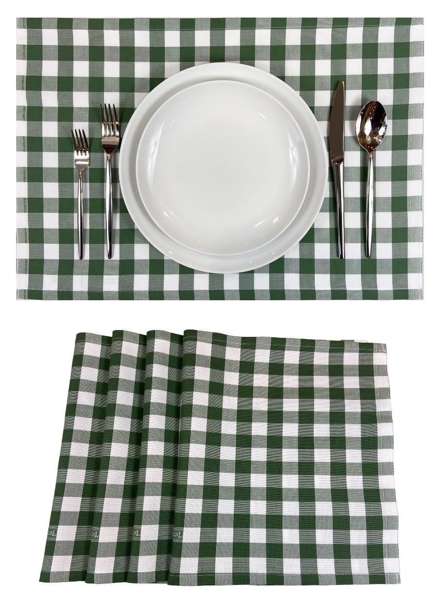 Premium Gingham Check Table Placemats Set of 4 - 100% Cotton Green Plaid Fabric Place Mats 20x14 Inches - Italian Design by Carlo Lamperti - Machine Washable - Minimalist Dining Table Decor for Kitchen, Restaurant & Home Entertaining
