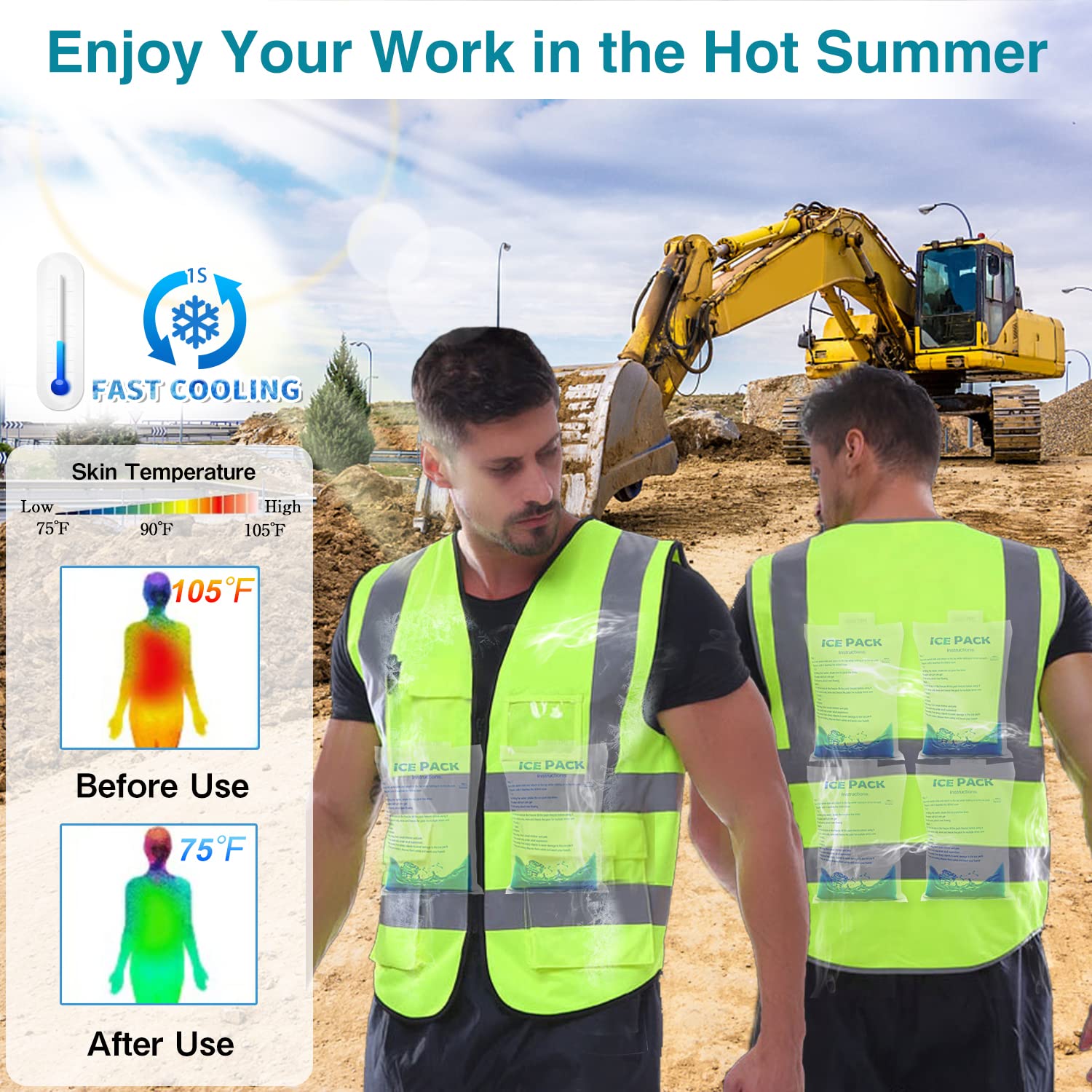 Cooling Safety Vest with 20 Ice Packs - Breathable Heat Relief Vest for Men & Women - Ideal for Construction, Landscaping & Outdoor Work in Hot Weather