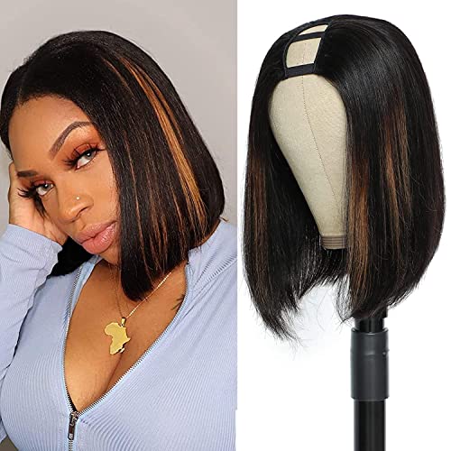 Pobokix Ombre Bob Wigs Human Hair Straight V Part Wigs Brazilian Human Hair Wigs For Black Women Highlight Blonde V Part Bob Wigs Upgrade U Part Wig No Leave Out 150% Density (14inch, #FB30) - Perfect for Daily Wear, Parties, and Special Occasions
