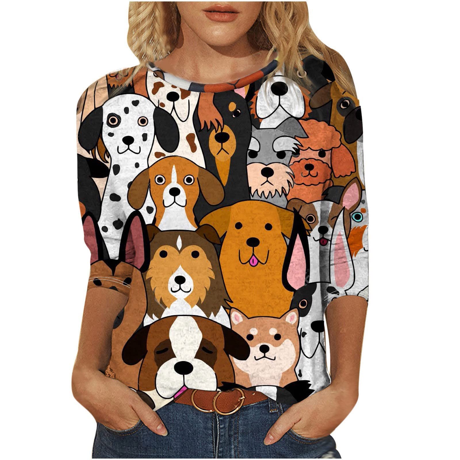 DESKABLY Women's Summer Tops - Fashion Casual 3/4 Sleeve Blouse with Cute Print, Loose Fit Lightweight Henley Tee Shirts for Outdoor, Travel & Daily Wear