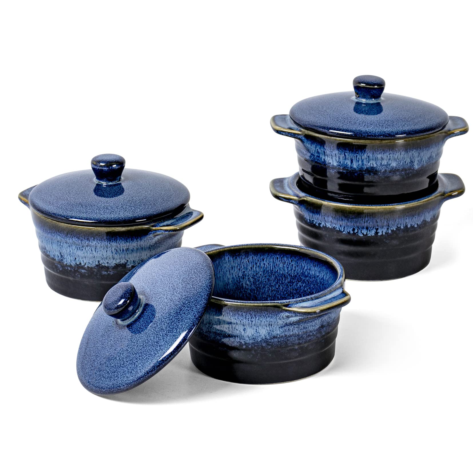UNICASA 8 oz Ceramic Ramekins with Lids, Set of 4 Mini Casserole Dishes with Handles - Porcelain Baking Bowls, Oven-Safe Small Cocotte for Crème Brûlée, Soufflé, Desserts (Blue Reactive Glaze) - Perfect for Baking, Serving, and Meal Prep