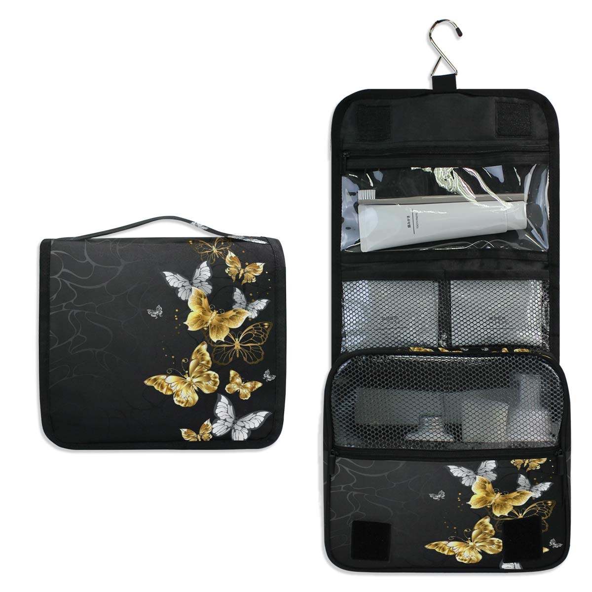 AGONA Hanging Toiletry Travel Organizer Bag - Waterproof Cosmetic & Makeup Pouch with Sturdy Hook for Women & Men - Perfect for Bathroom, Gym, Camping & Vacation (Gold White Butterflies Black)