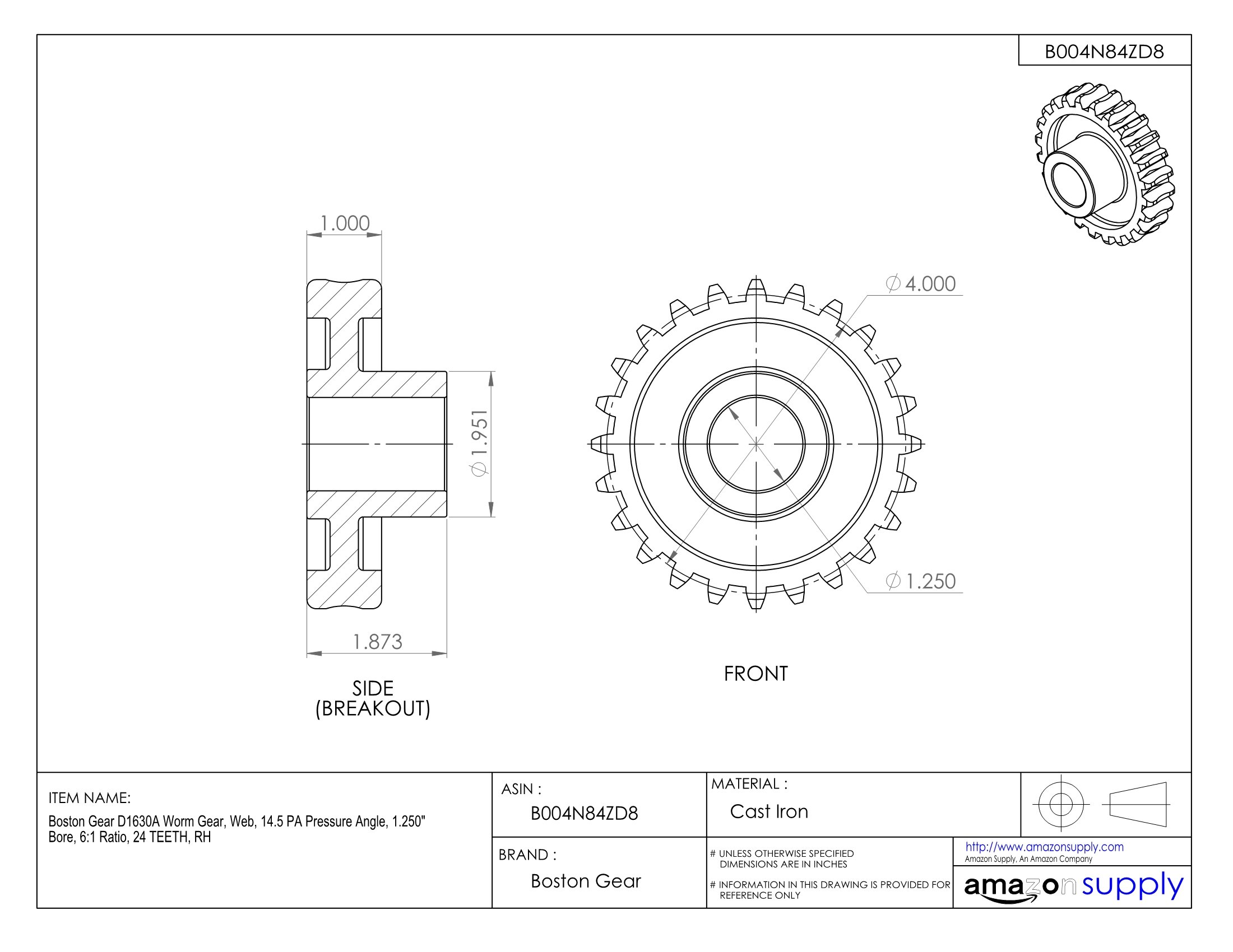 D1630A Worm Gear - 14.5° PA Pressure Angle, 1.250