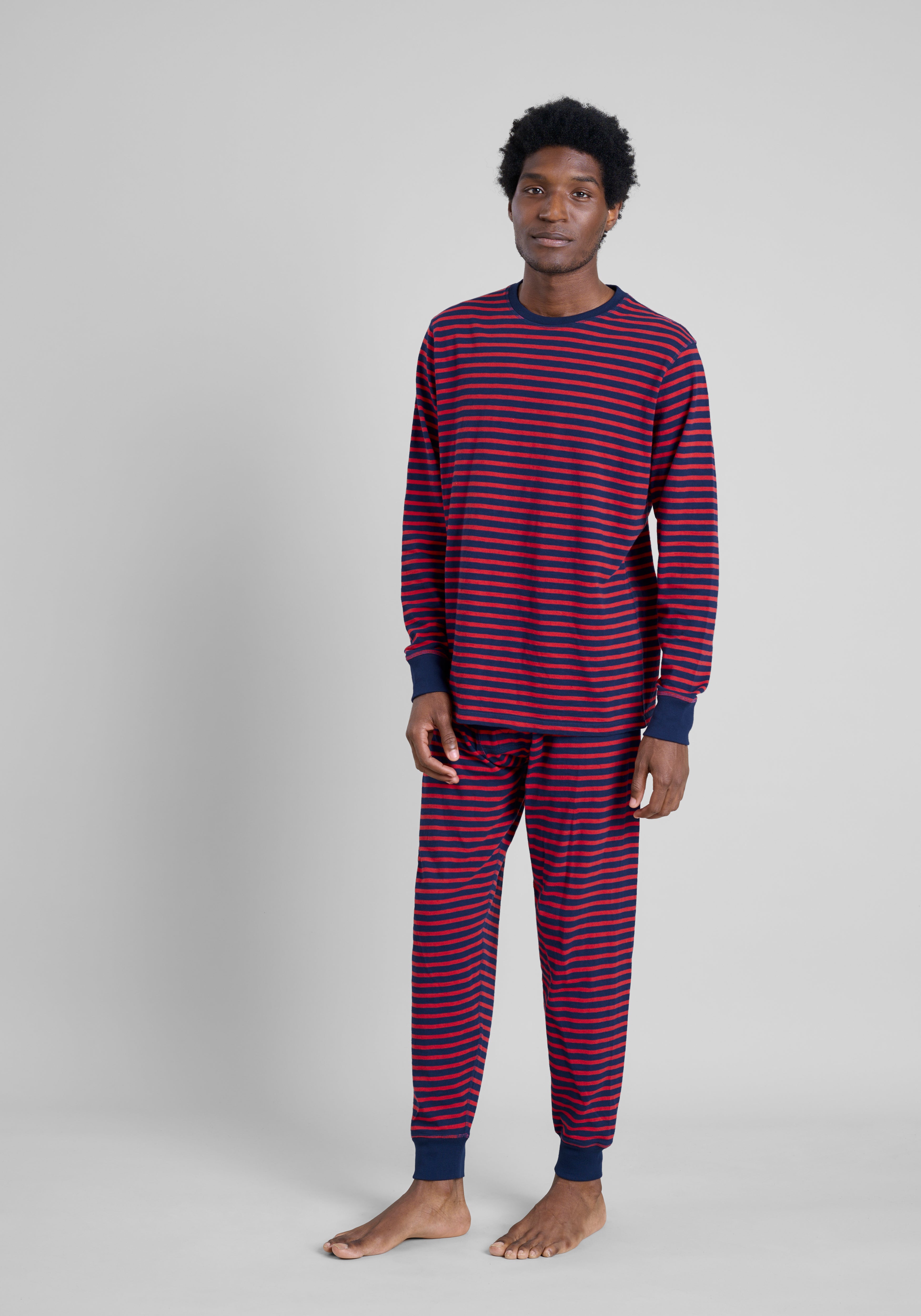 Keith Lounge Set in Navy and Red Stripe Slub Jersey - Comfortable Cotton Knit Pajama Set for Men & Women - Perfect for Home Relaxation, Lounging and Sleepwear