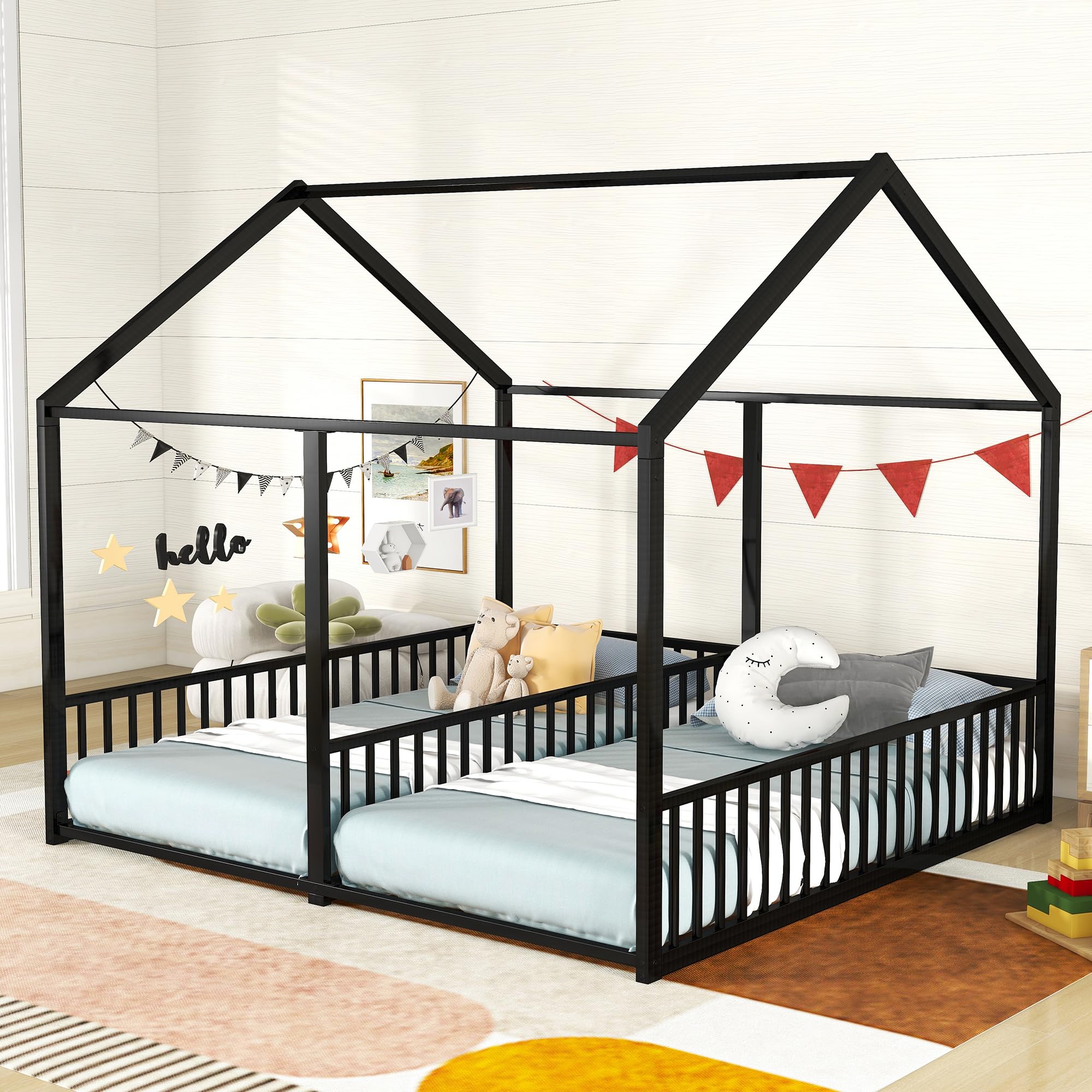Double Floor Twin Size House Bed for 2 Kids - Sturdy Metal Frame with Safety Rails - Shared Sleeping Solution for Girls & Boys (Black) - Perfect for Siblings' Bedroom, Kids' Dorm or Space-Saving Nursery