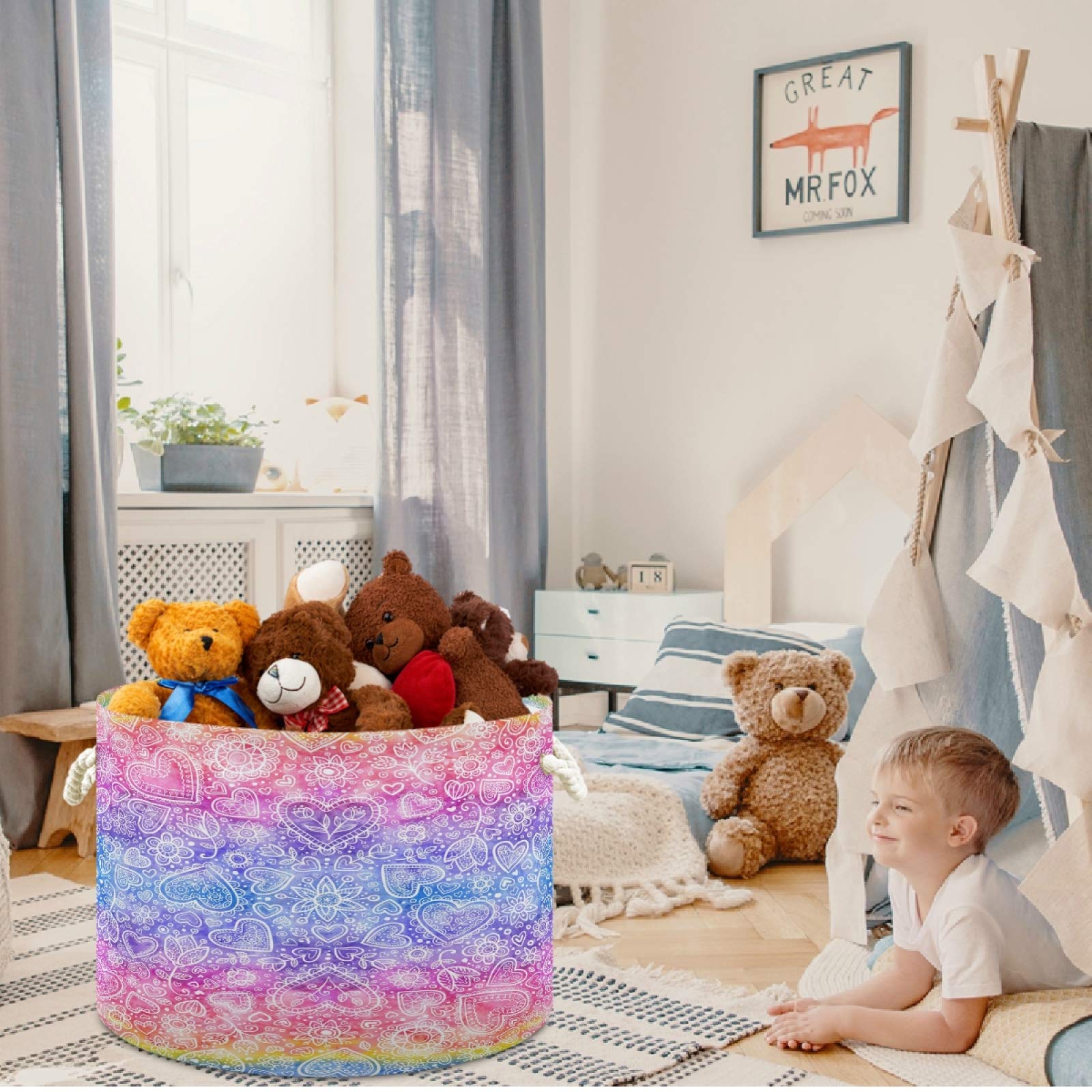 Visesunny Rainbow Heart Storage Basket - Canvas Fabric Toy Organizer, Nursery Hamper, Laundry Bin for Kids Room, Playroom, Shelves - Perfect for Toy Storage, Gift Basket & Home Organization