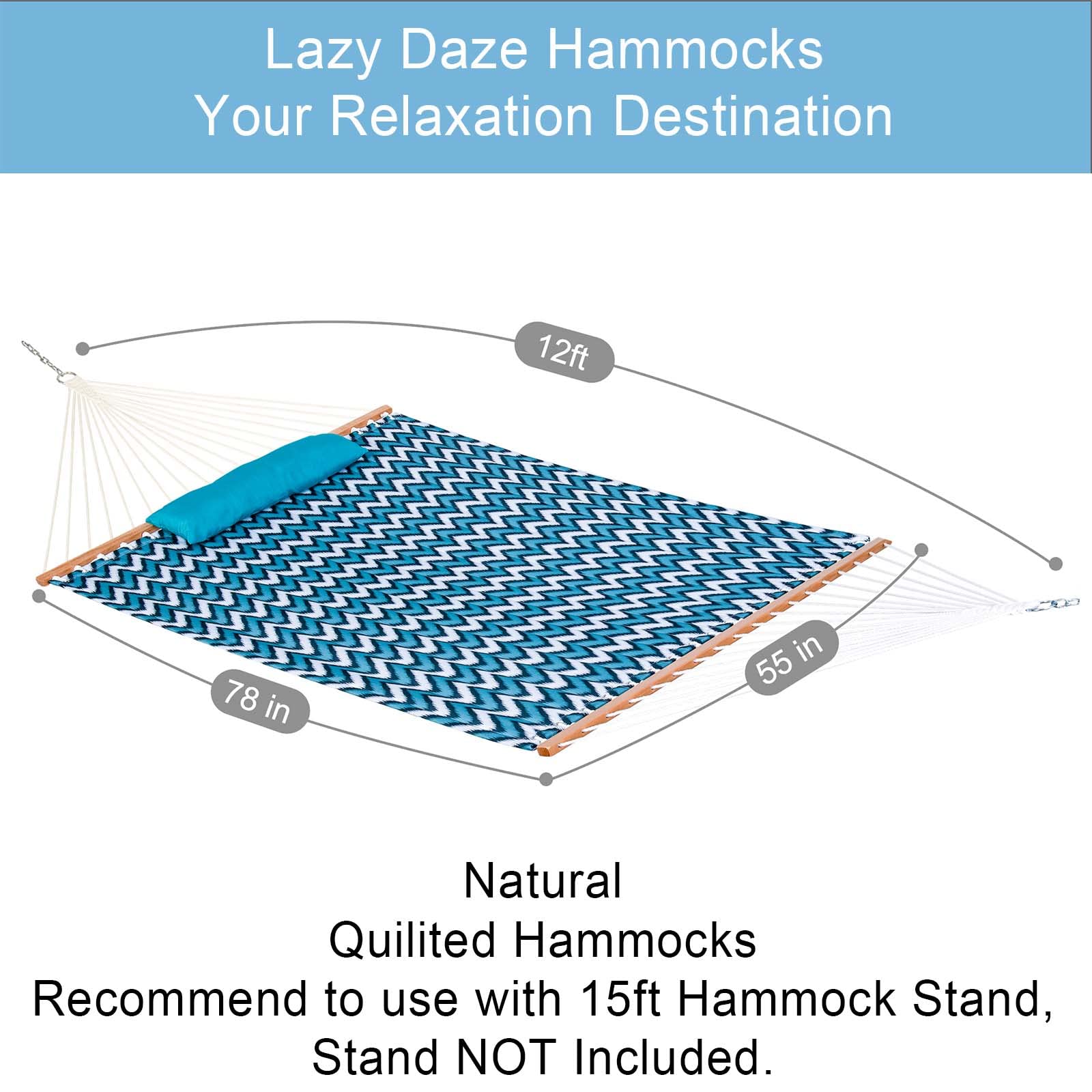12 FT Double Hammock with Spreader Bars & Detachable Pillow - 450 LBS Capacity Quilted Fabric Hammock for 2 Persons - Perfect for Backyard, Patio, Poolside & Camping - White & Blue Chevron Design