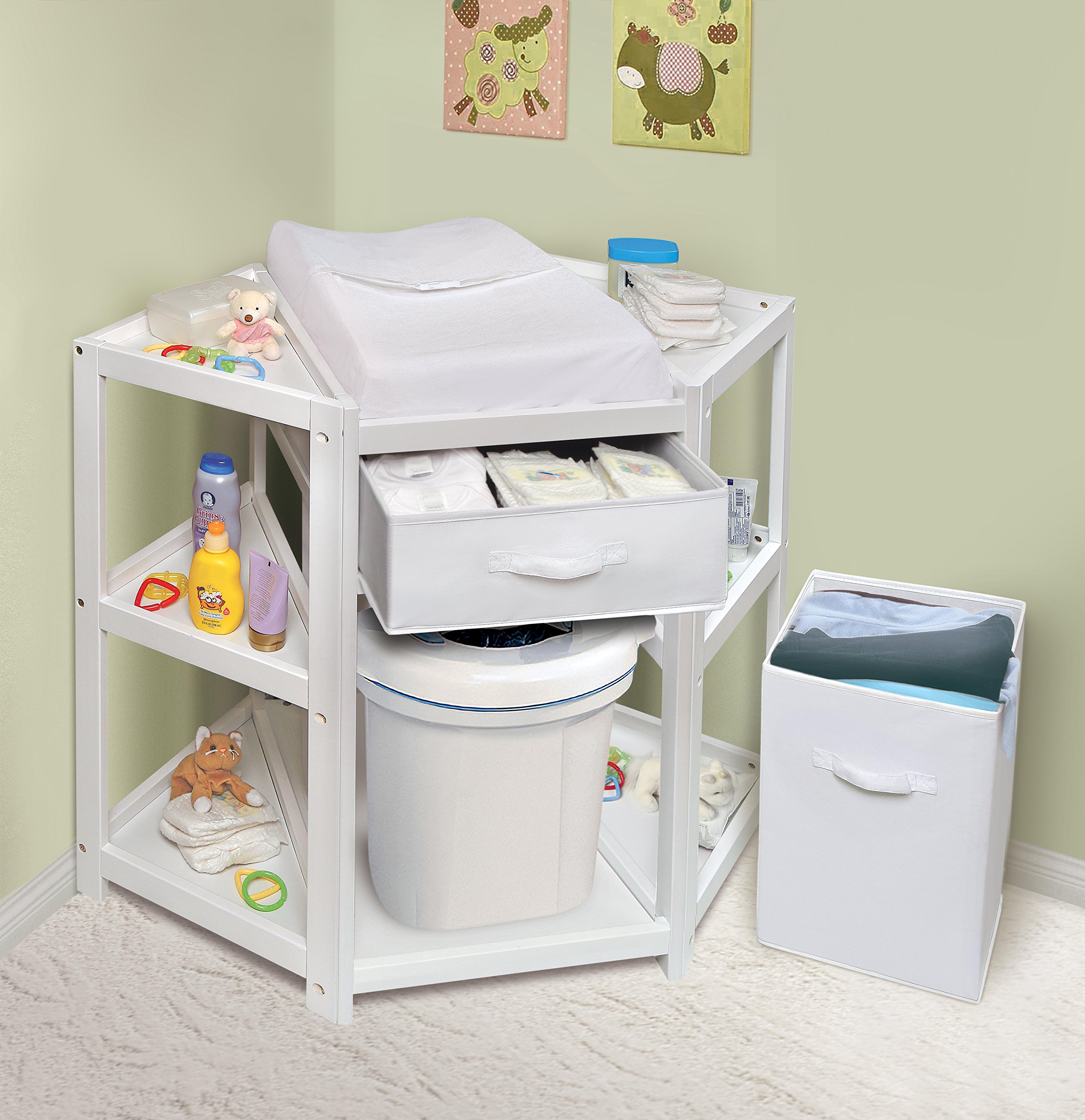 Badger Basket Diaper Corner Baby Changing Table - White Space-Saving Nursery Changing Station with Hamper, Storage Basket & Changing Pad - Perfect for Small Nurseries & Baby Rooms