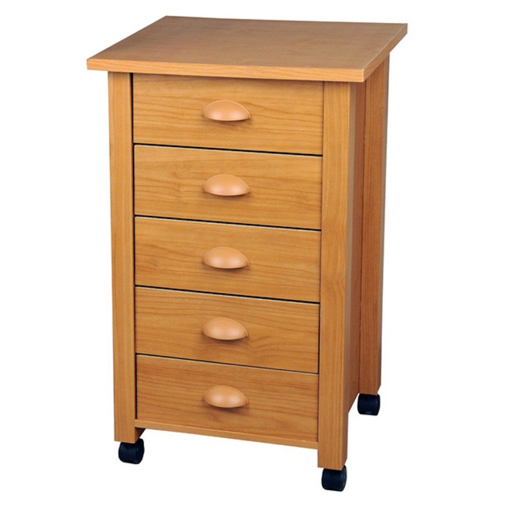 Venture Horizon 5-Drawer Rolling Utility Cart - Solid Oak Wood - Perfect for Office, Classroom, or Home Organization Storage