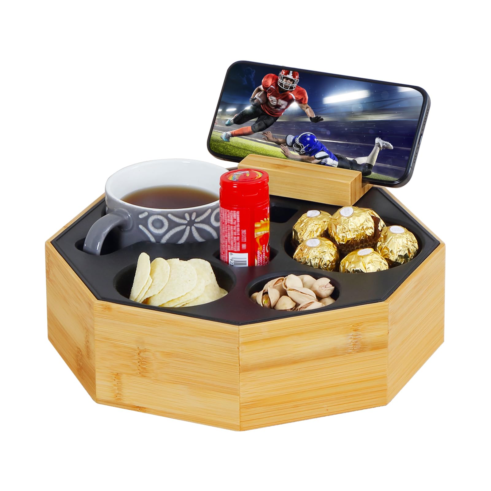 Hitseon Octagonal Silicone Bamboo Sofa Cup Holder with Rotatable Phone Stand - Waterproof Anti-Spill Couch Tray for Drinks, Snacks & Remote Control - Perfect for Living Room, Bedroom, Car & Office (Black)
