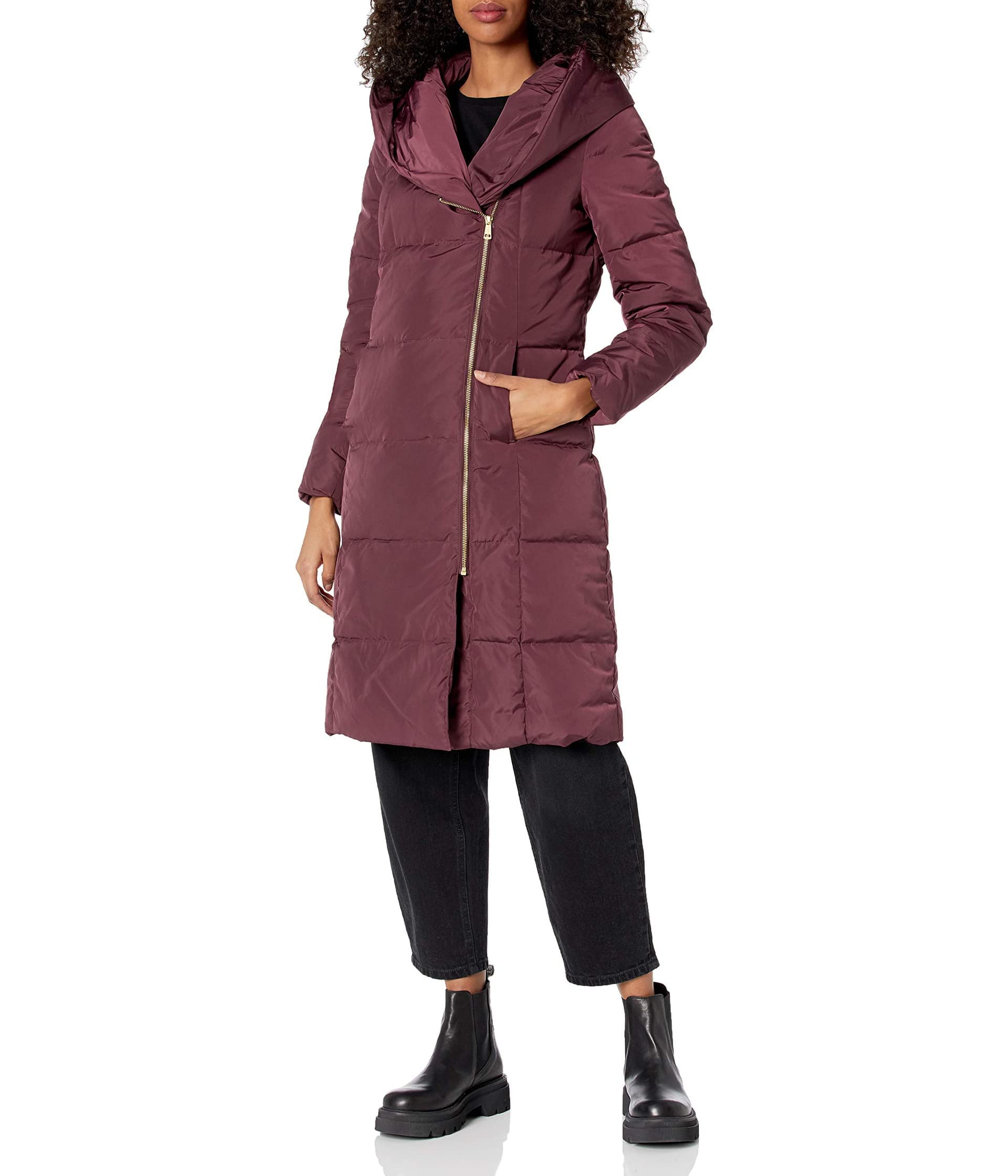 Cole Haan Women's Lightweight Quilted Down Jacket with Hood - Water-Resistant Winter Coat for Outdoor Activities, Elastic Waist for Comfort (Perfect for Hiking, Travel & Daily Wear)