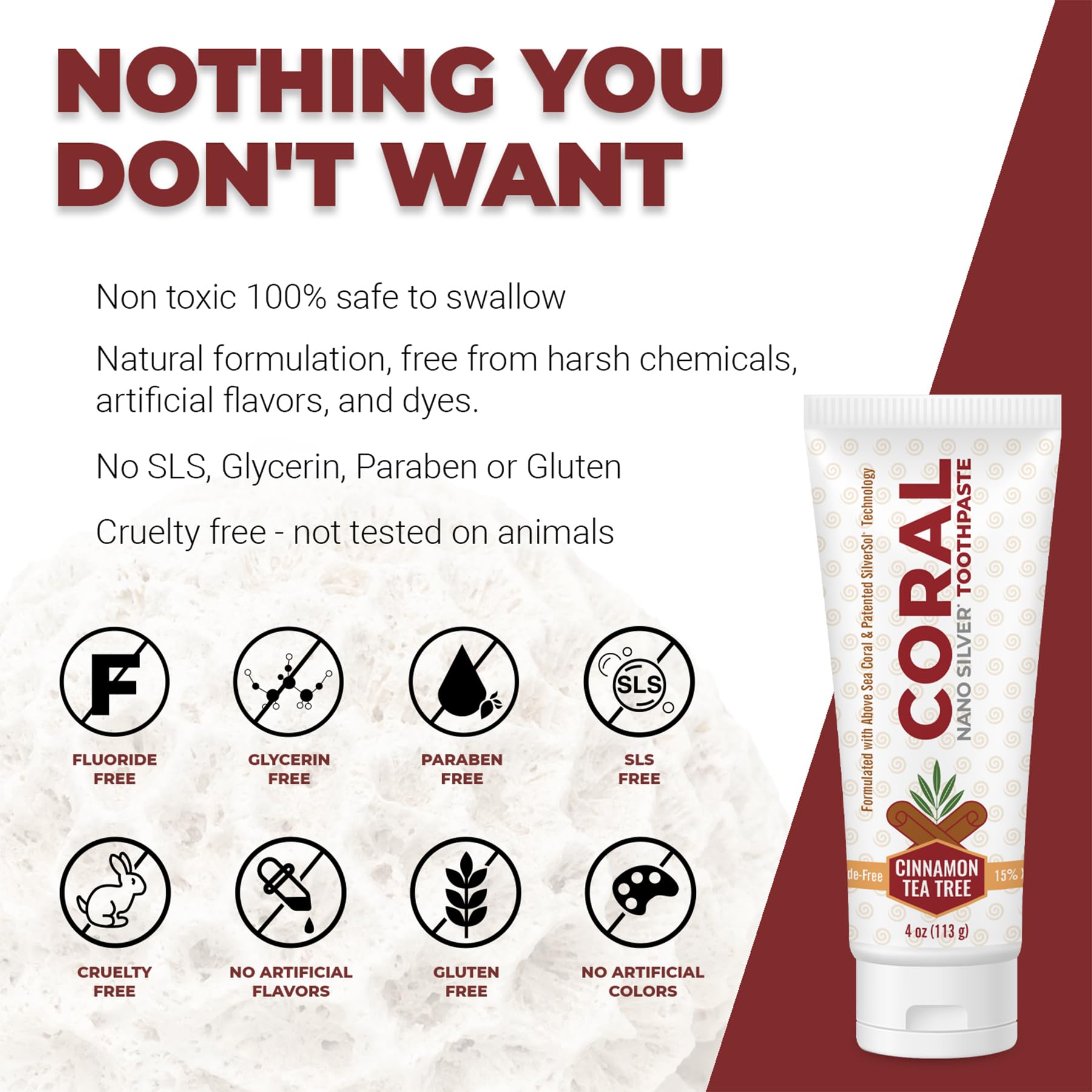 **Natural Coral Nano Silver Cinnamon Tea Tree Toothpaste - Fluoride-Free Teeth Whitening, SLS-Free with Coral Calcium & Nano Silver (4 oz) - Fresh Breath for Sensitive Teeth & Gum Care**