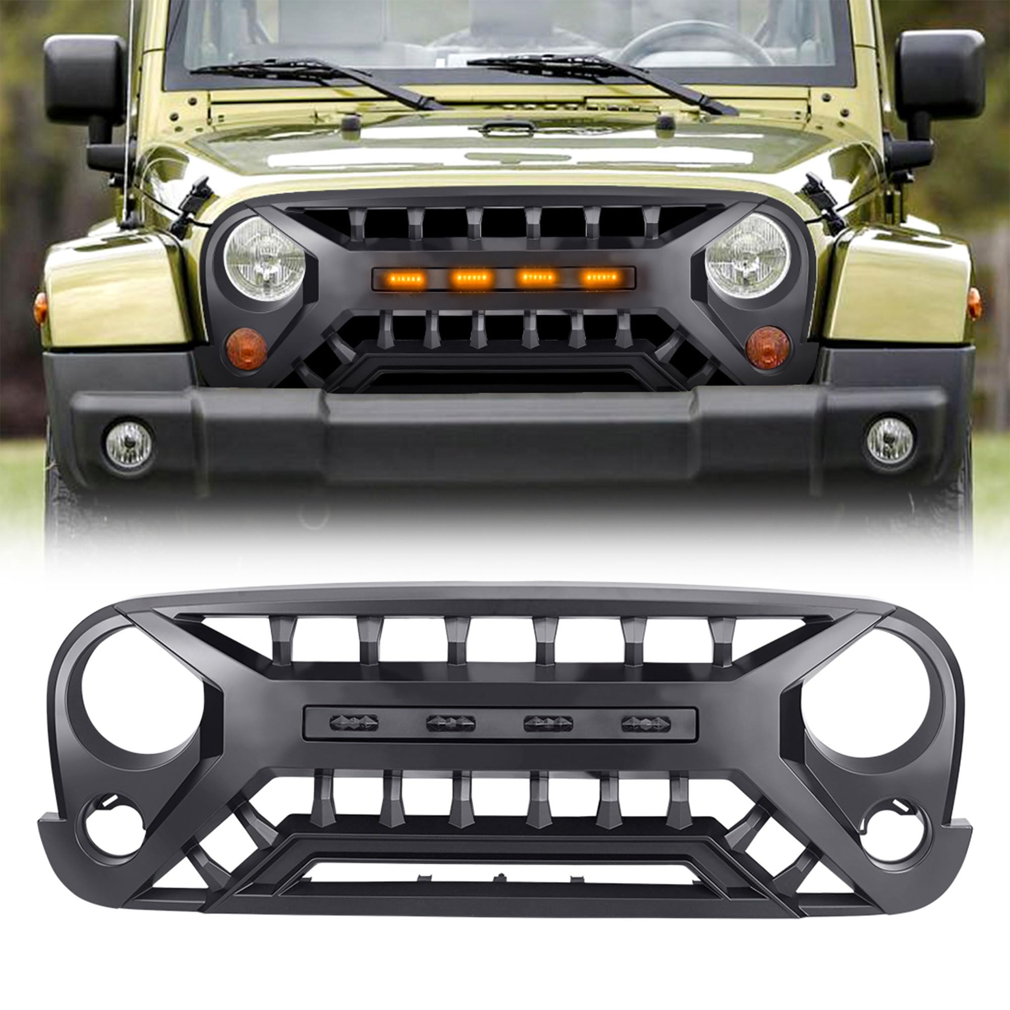 07-08 Jeep Wrangler JK Black AMERICAN MODIFIED Armor Grille with Amber Lights - Heavy Duty Off-Road Protection for Adventure & Trail Riding