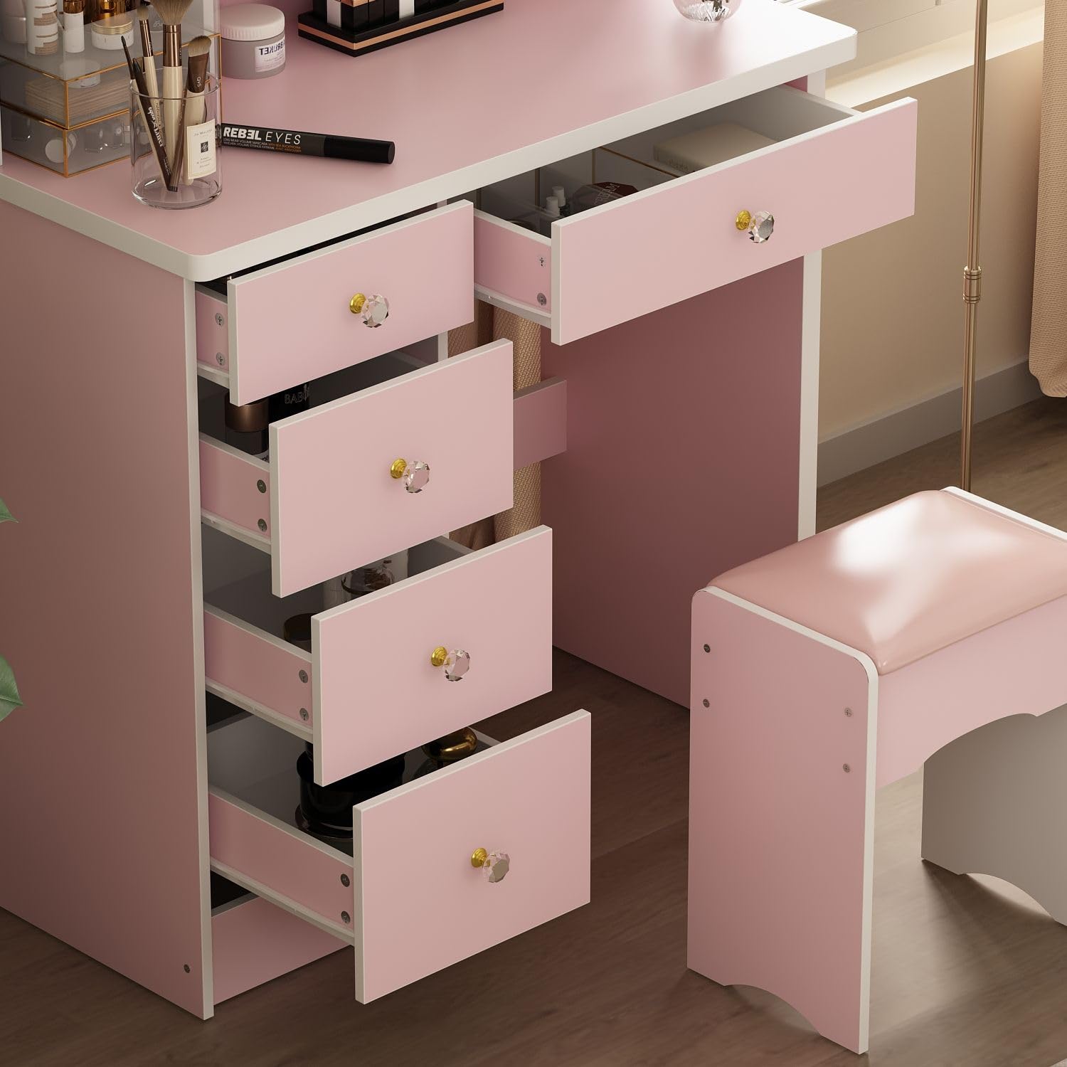 MOUMON Pink Vanity Desk with LED Lights, Mirror, Drawers & Shelves - Crystal Handles & Cushion Stool Included | Perfect for Makeup, Skincare & Dressing Room Organization
