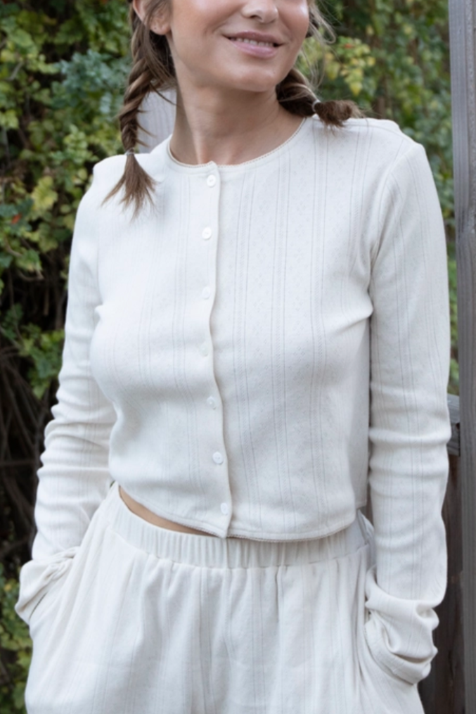Stylish Pointelle Cardigan for Women - Soft Cream Knit Sweater | Perfect for Layering, Office Wear & Casual Outfits