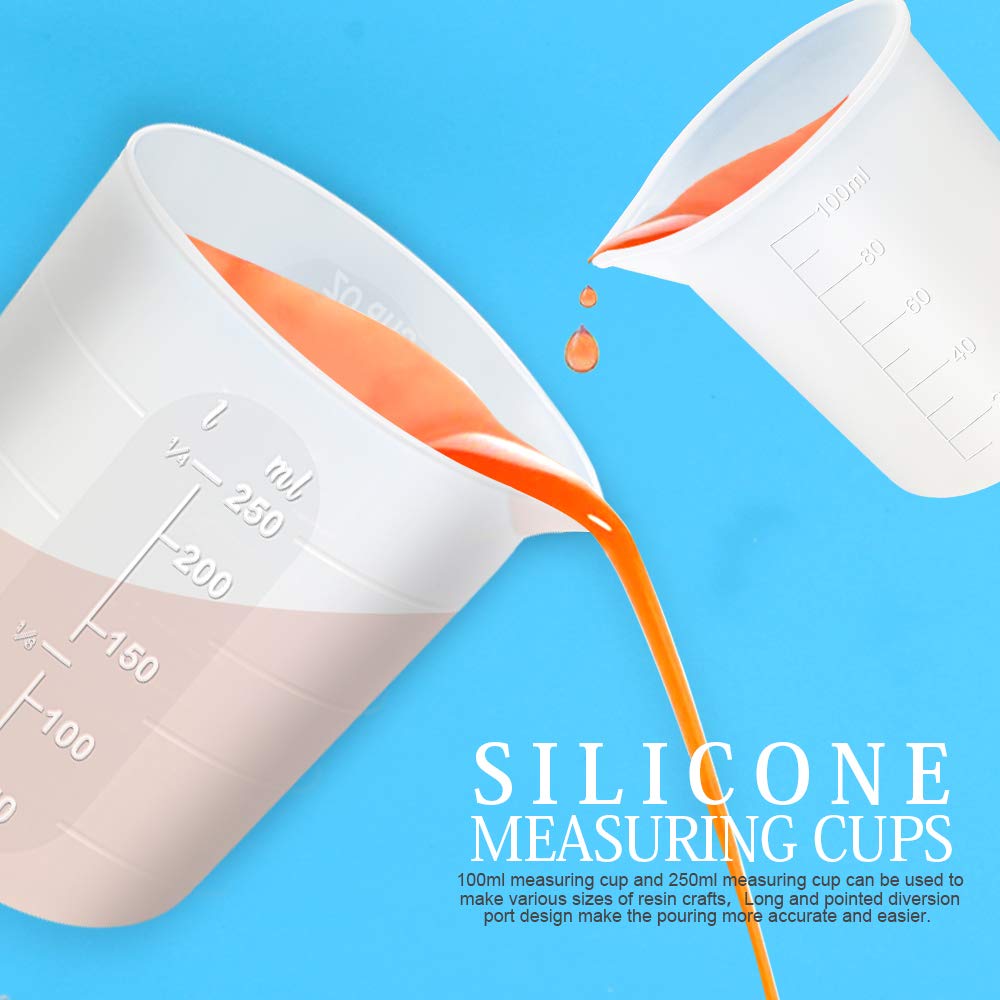 LEOBRO 250ml & 100ml Silicone Measuring Cups for Epoxy Resin - Reusable Mixing Cups with Thick Stir Stick, Finger Cots & Tweezers - Perfect for Resin Art, Jewelry Making and DIY Craft Projects